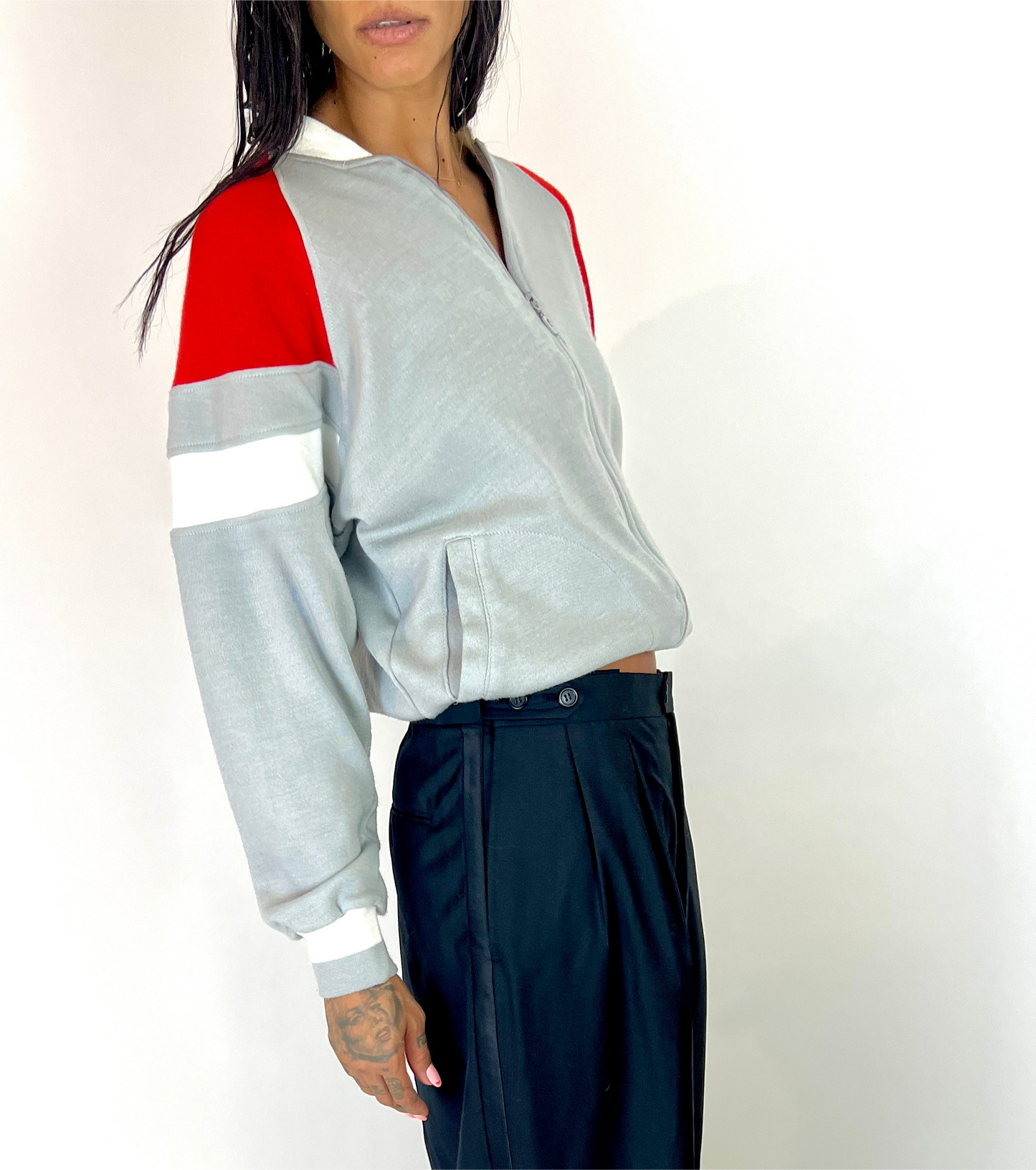 1980S PIERRE CARDIN ZIP SWEATSHIRT HOODIE, RED/GRAY