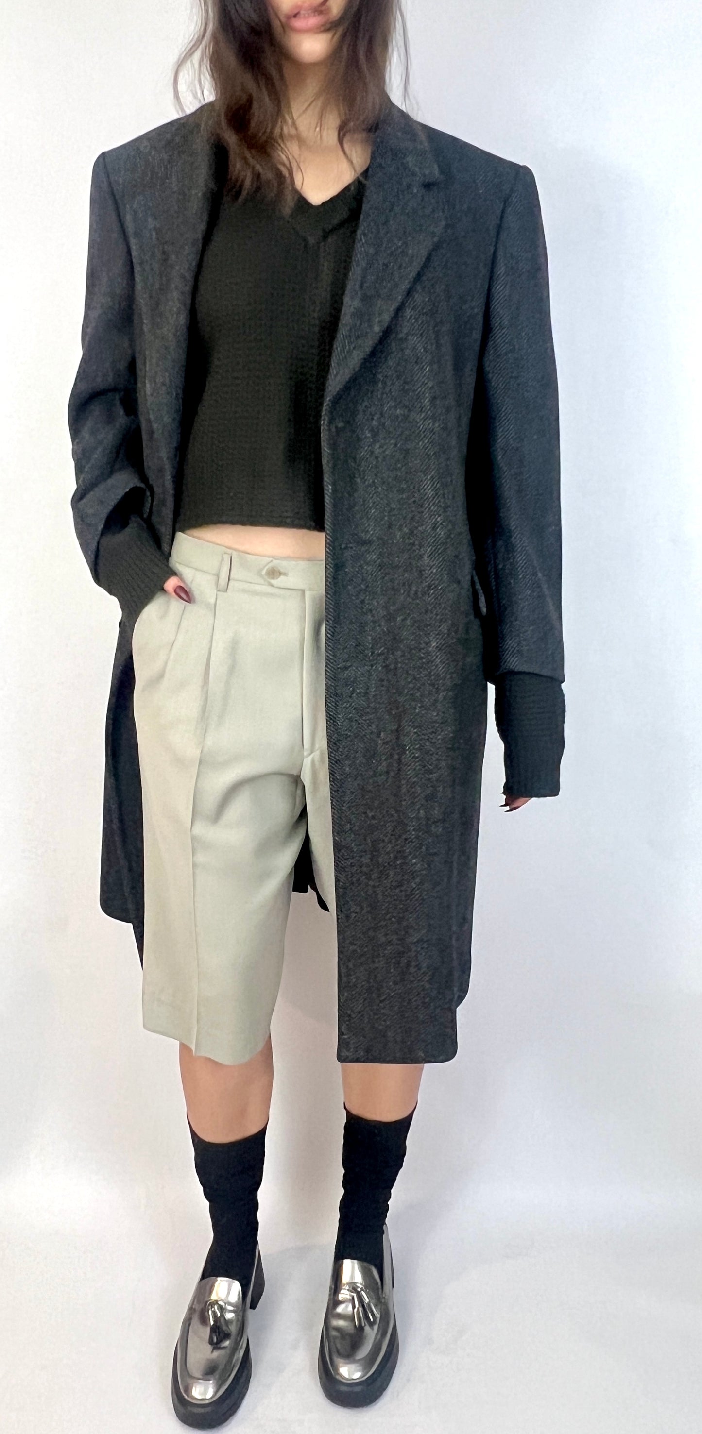 VTG OVERSIZED WOOL COAT, GREY CHEVRON