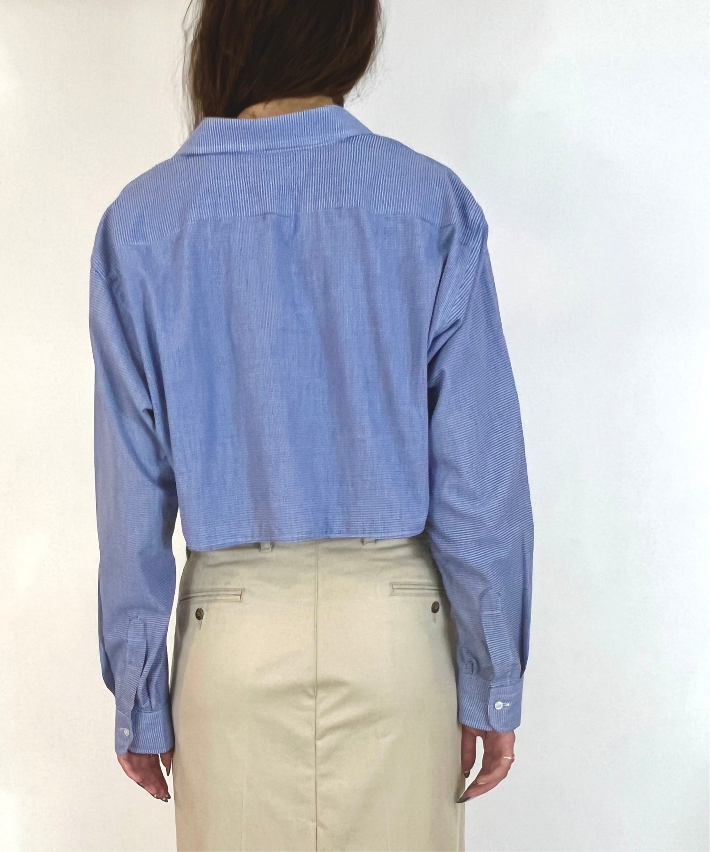 CUSTOM VTG COTTON OXFORD, BLUE & WHITE MICRO PLAID. CROPPED