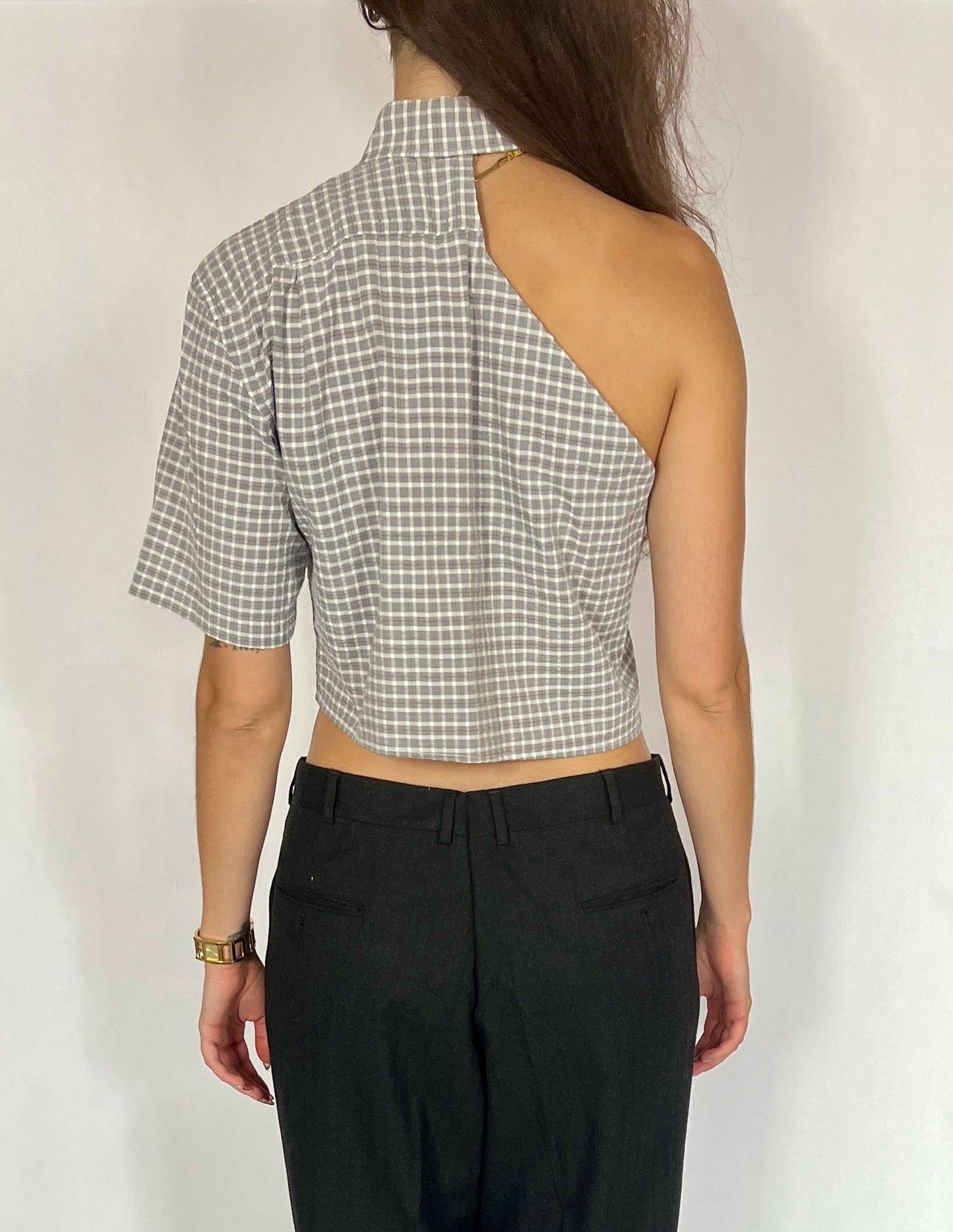 CUSTOM VTG COTTON OXFORD, GRAY PLAID. CROPPED, ONE SHOULDER.
