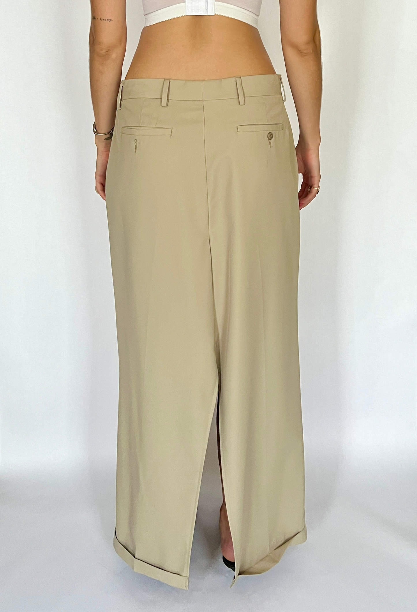 CUSTOM VTG COTTON & SILK TROUSER MAXI SKIRT, LATTE
