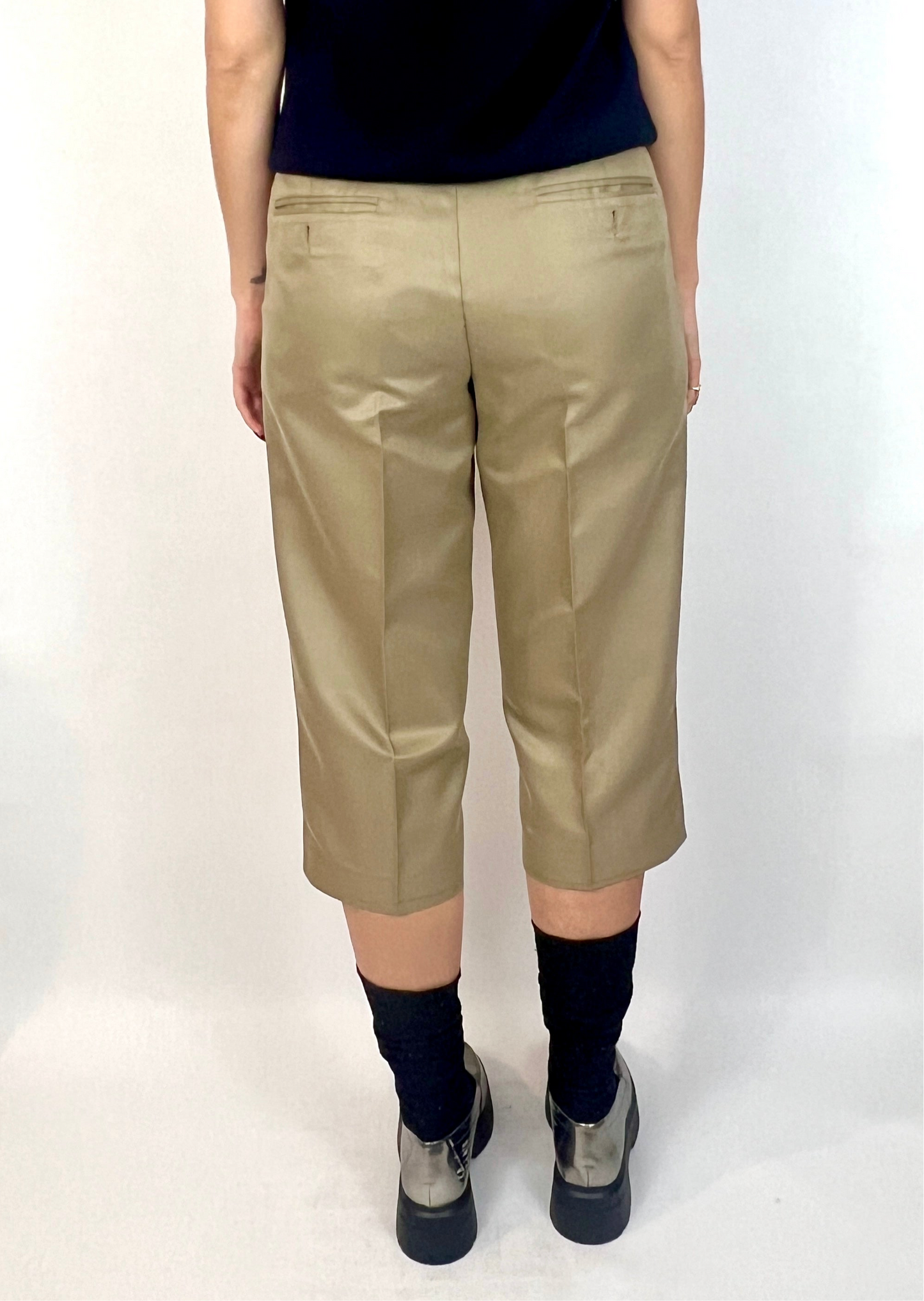 CUSTOM VTG COTTON & SILK WIDE LEG PLEATED LONG SHORTS, LATTE