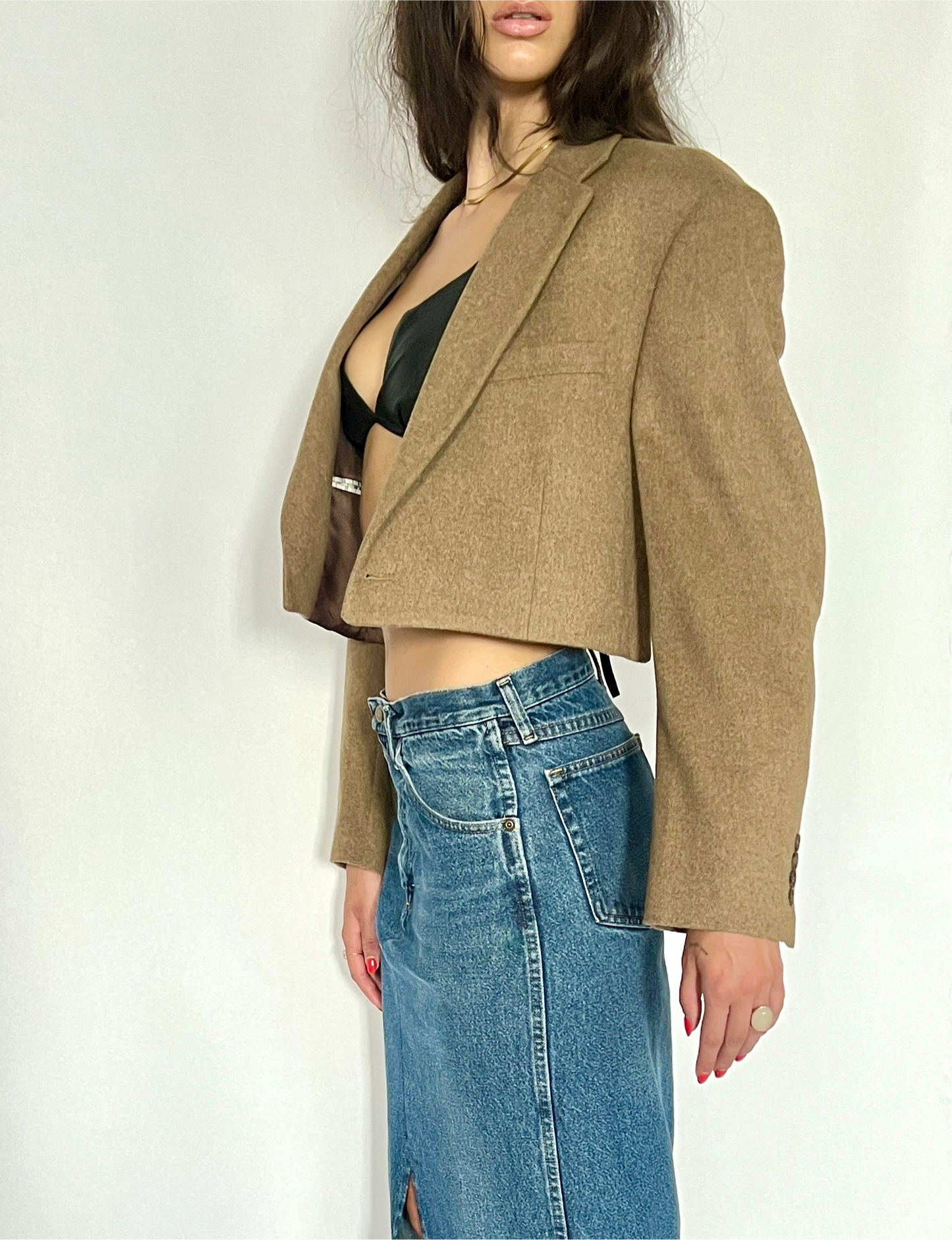 CUSTOM VTG WOOL OVERSIZED BLAZER, DRIED LEAF. CROPPED, HIGH BACK