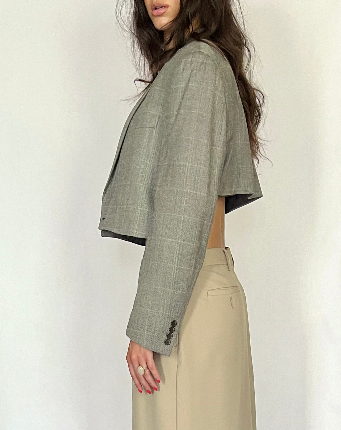 CUSTOM VTG SILK & WOOL OVERSIZED BLAZER, GRAY PLAID. CROPPED, HIGH BACK