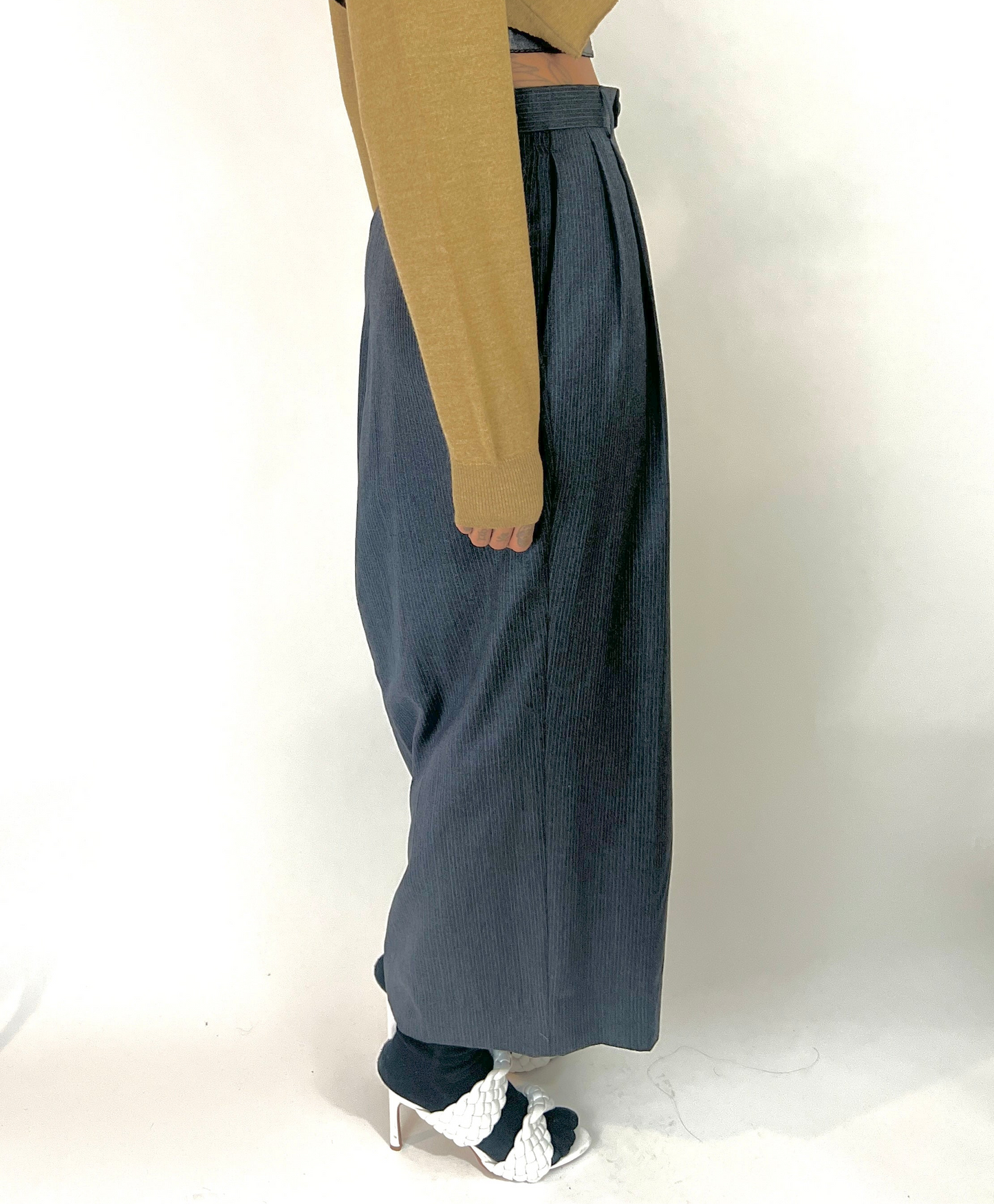 CUSTOM VTG WOOL TROUSER MAXI SKIRT, CHARCOAL NARROW STRIPE