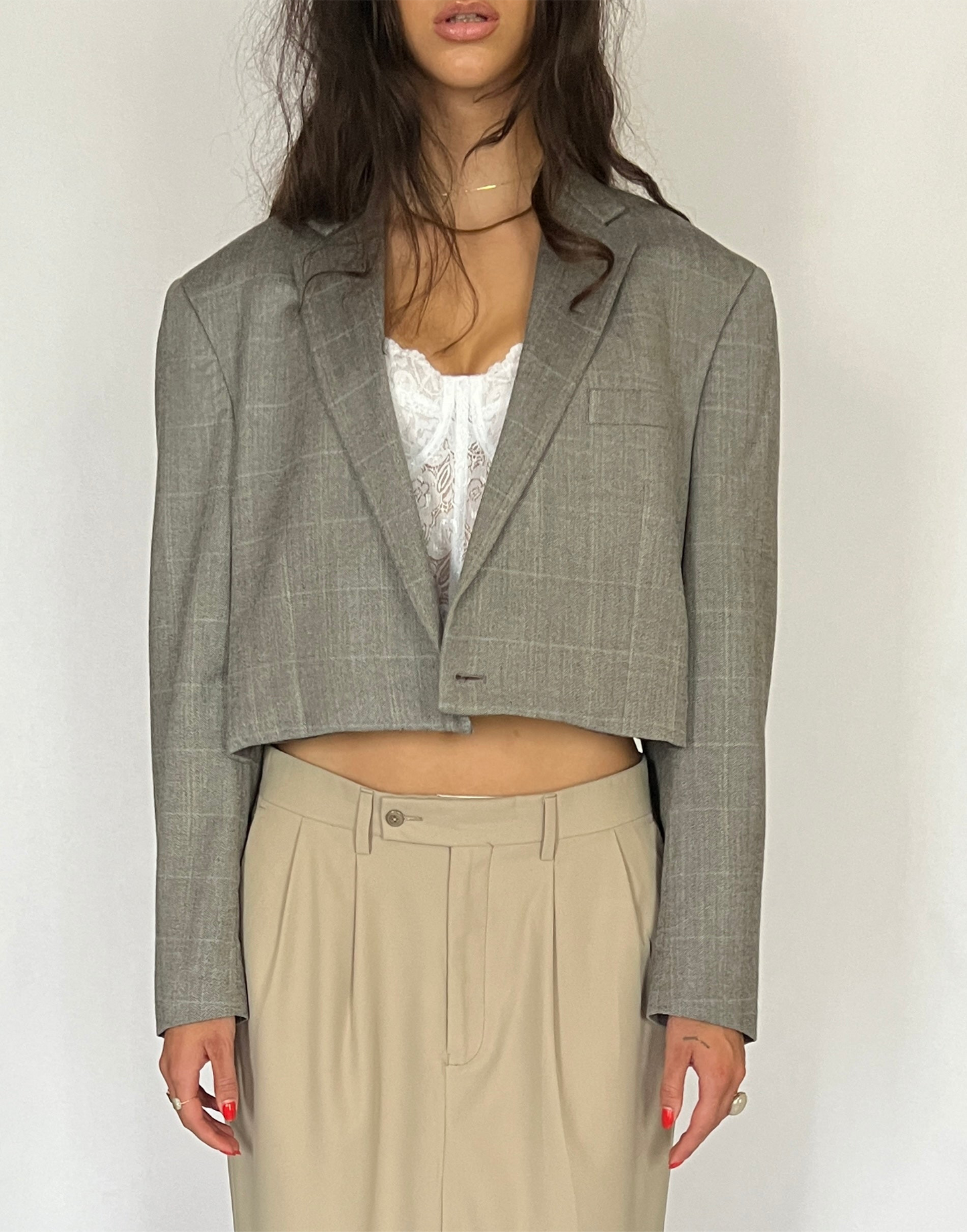 CUSTOM VTG SILK & WOOL OVERSIZED BLAZER, GRAY PLAID. CROPPED, HIGH BACK