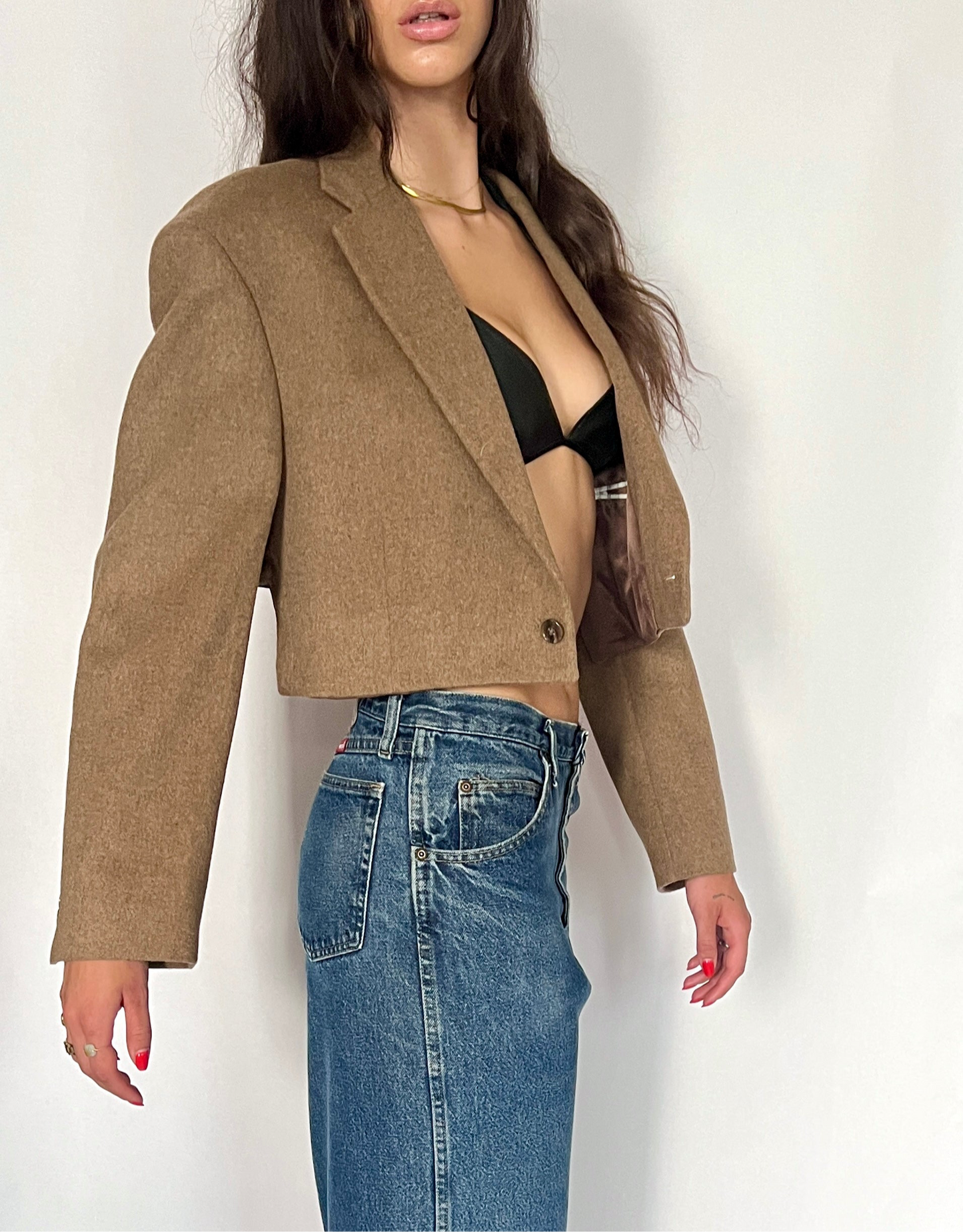 CUSTOM VTG WOOL OVERSIZED BLAZER, DRIED LEAF. CROPPED, HIGH BACK