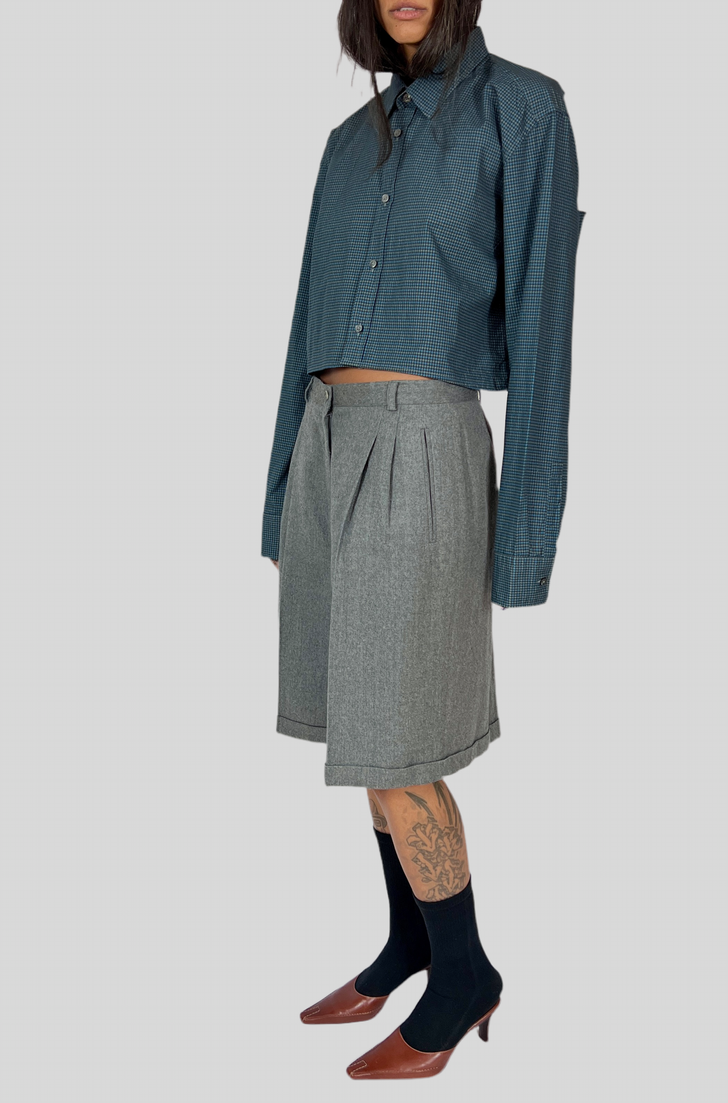 CUSTOM VTG HUGO BOSS OXFORD, MULTI-HOUNDSTOOTH. CUT-OUT BACK