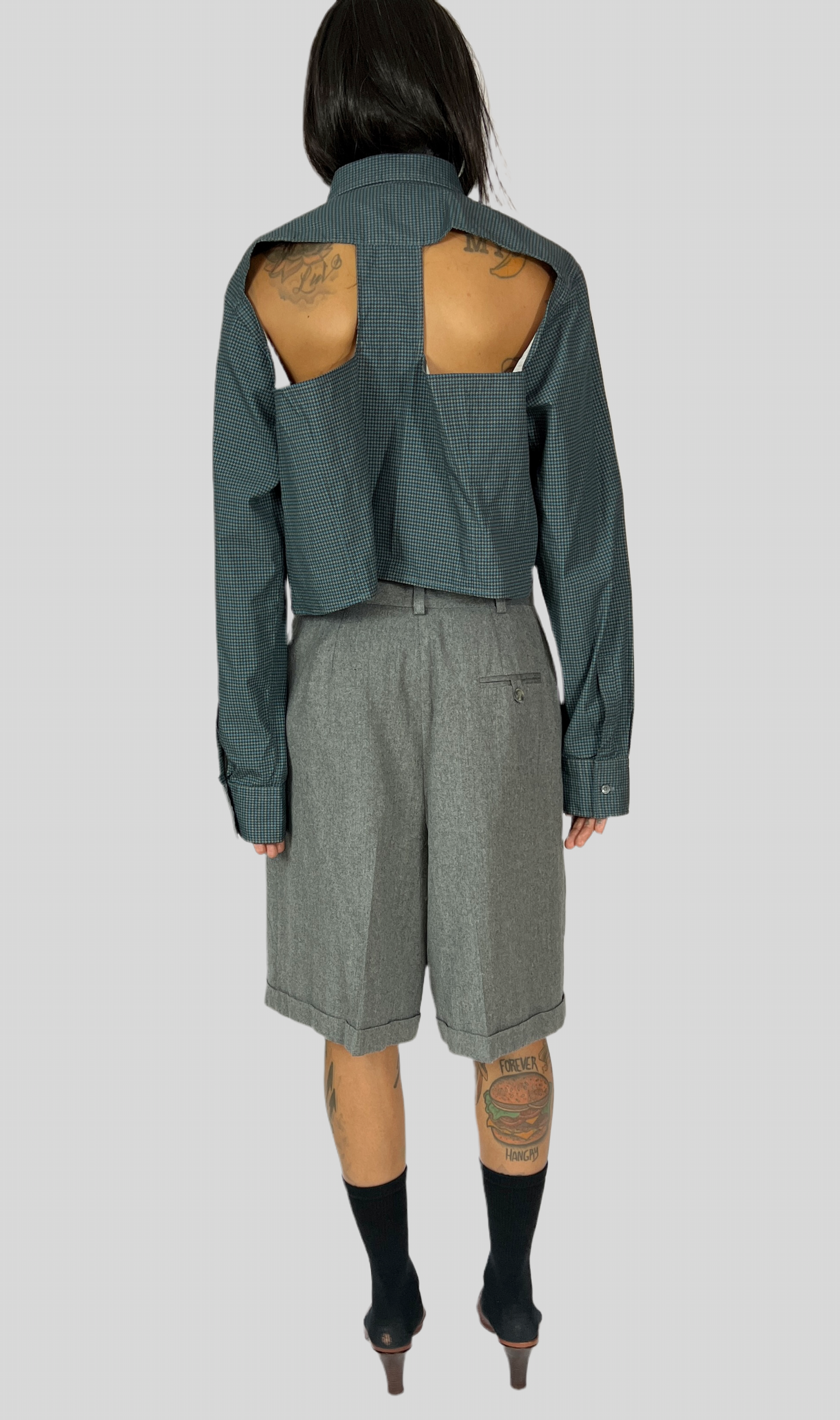 CUSTOM VTG HUGO BOSS OXFORD, MULTI-HOUNDSTOOTH. CUT-OUT BACK