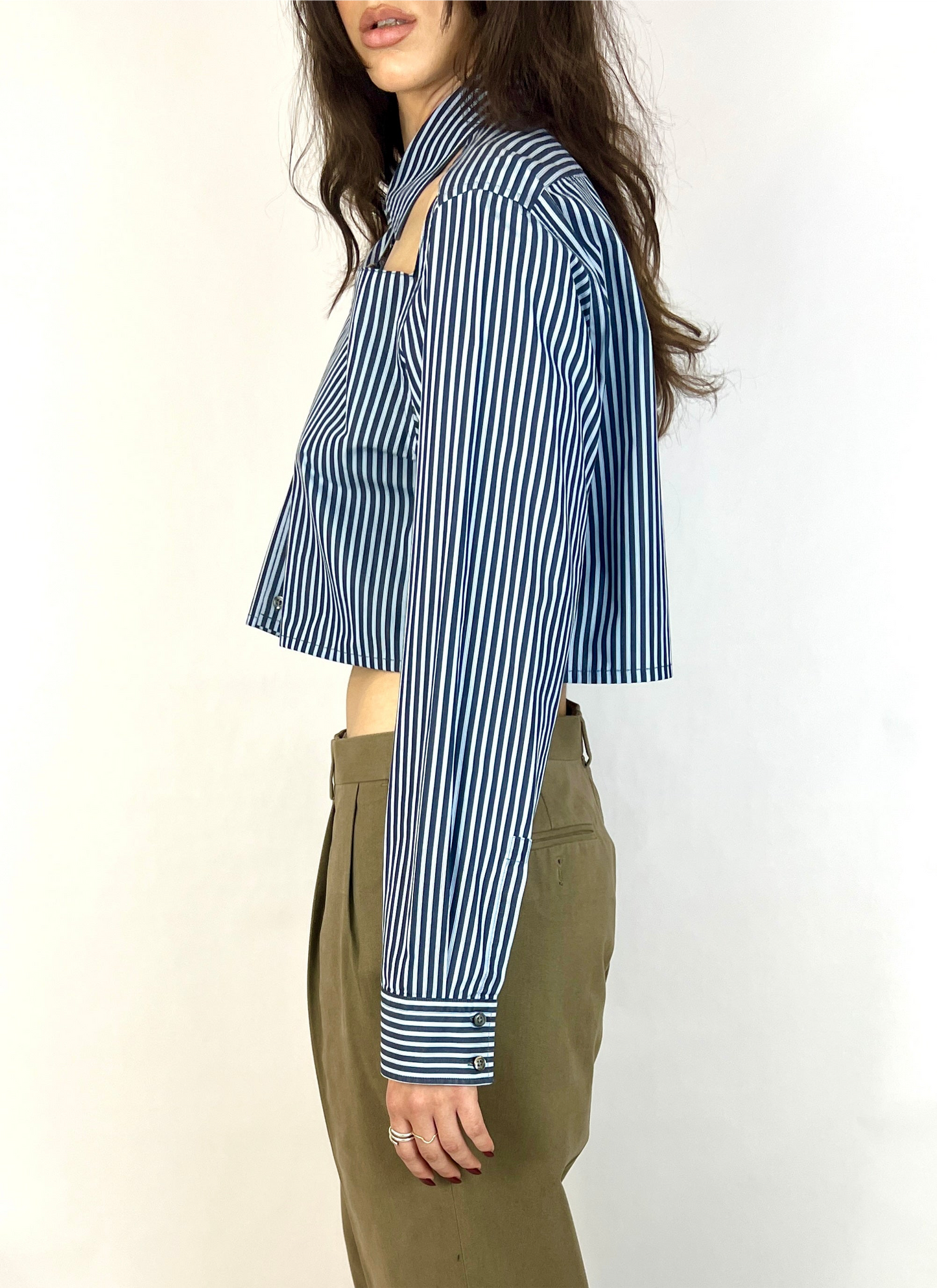 CUSTOM VTG HUGO BOSS OXFORD, BLUE STRIPE. CROPPED, CUT-OUT COLLAR
