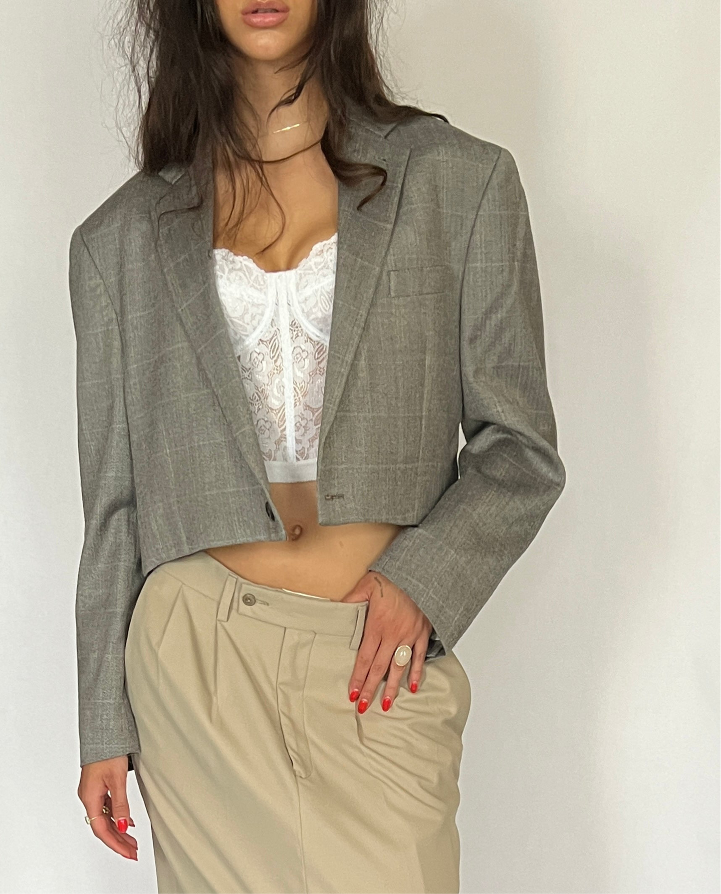 CUSTOM VTG SILK & WOOL OVERSIZED BLAZER, GRAY PLAID. CROPPED, HIGH BACK