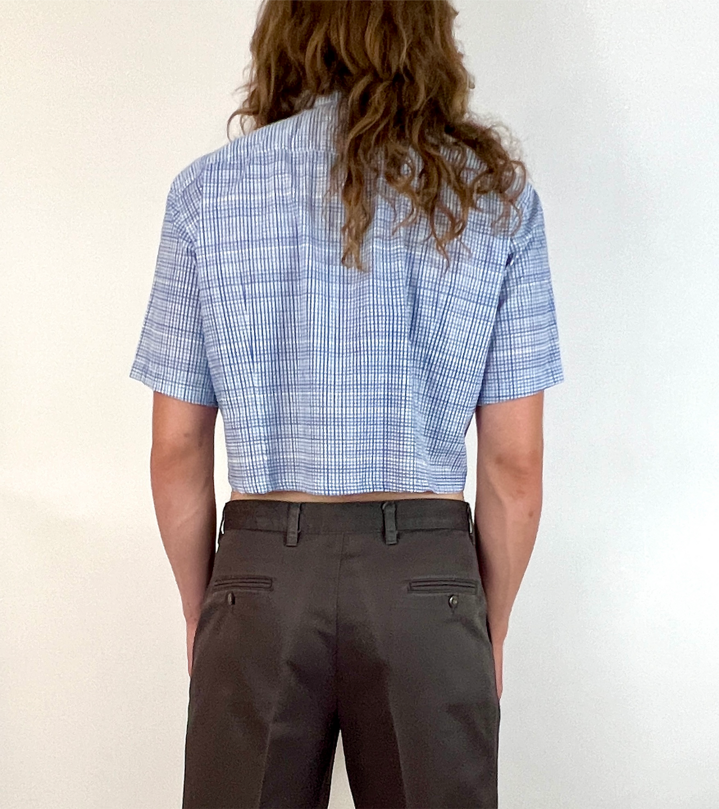 CUSTOM VTG HUGO BOSS OXFORD, SS BLUE MICRO PLAID. CROPPED