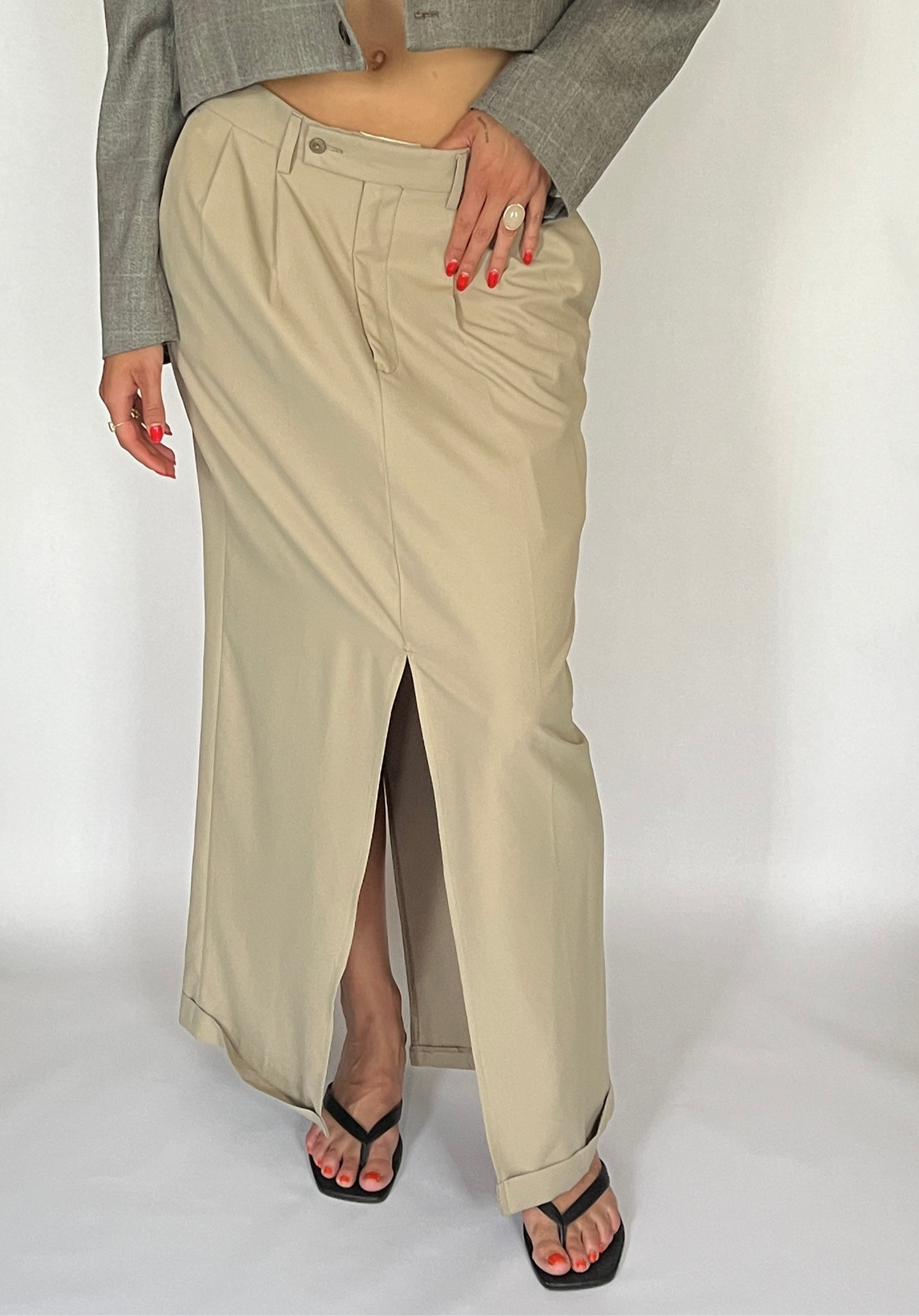 CUSTOM VTG COTTON & SILK TROUSER MAXI SKIRT, LATTE