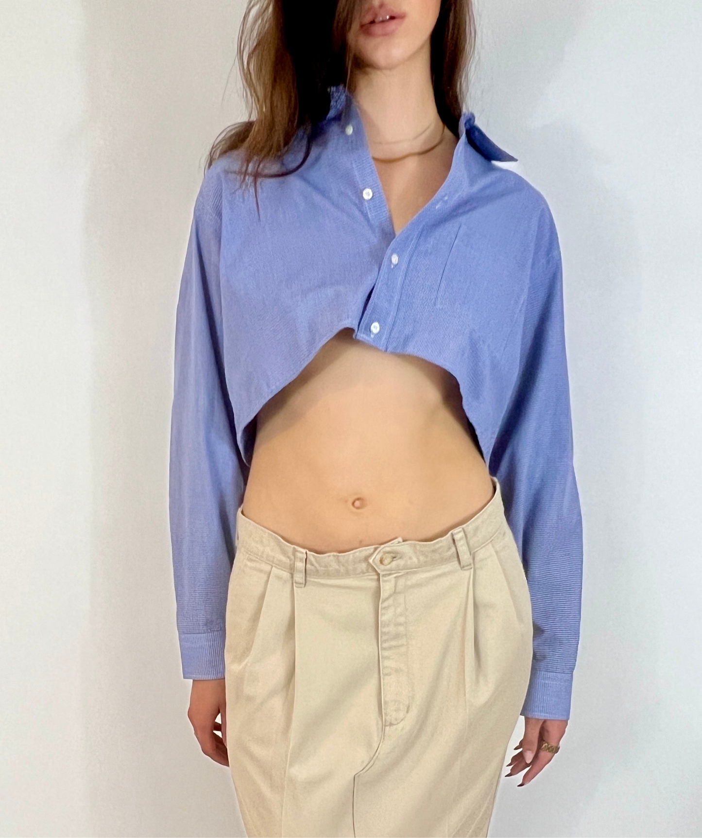 CUSTOM VTG COTTON OXFORD, BLUE & WHITE MICRO PLAID. CROPPED