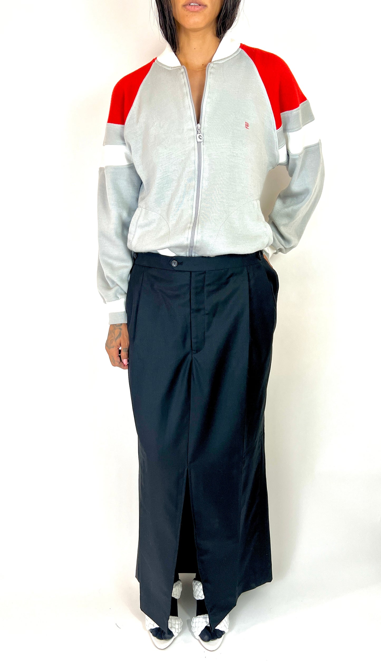 1980S PIERRE CARDIN ZIP SWEATSHIRT HOODIE, RED/GRAY
