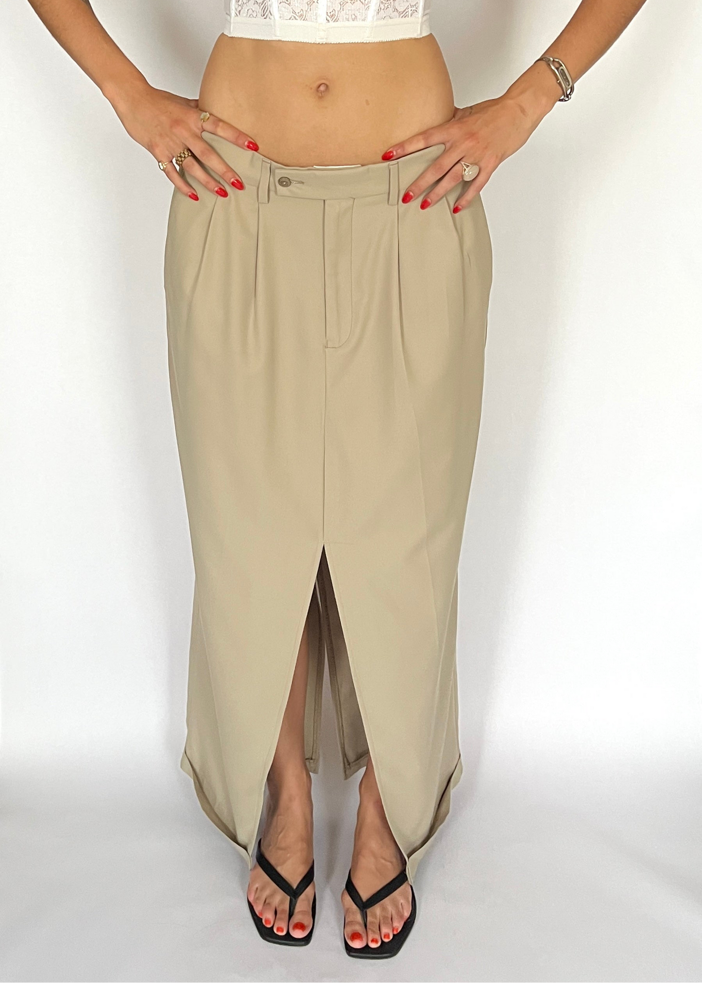 CUSTOM VTG COTTON & SILK TROUSER MAXI SKIRT, LATTE