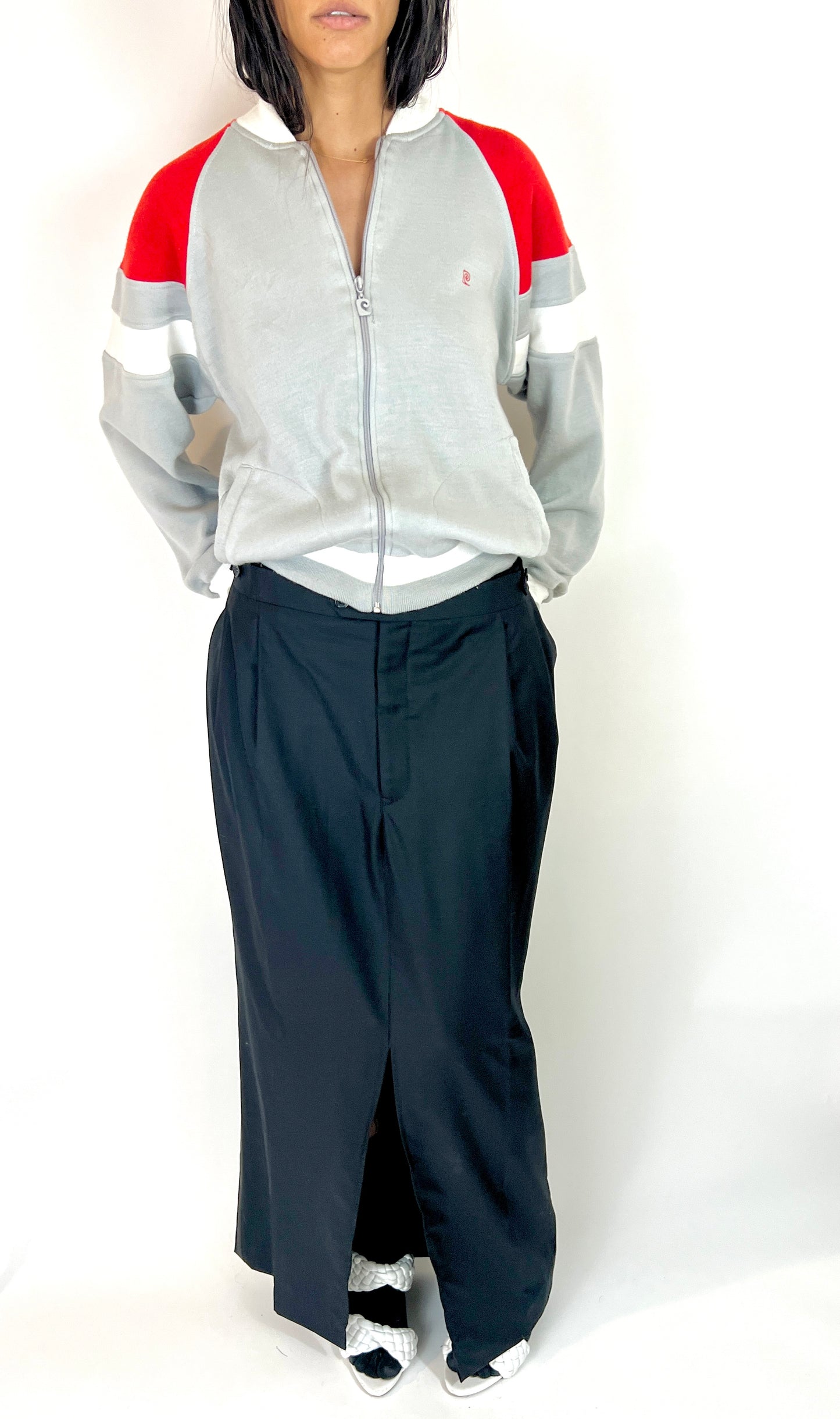 1980S PIERRE CARDIN ZIP SWEATSHIRT HOODIE, RED/GRAY