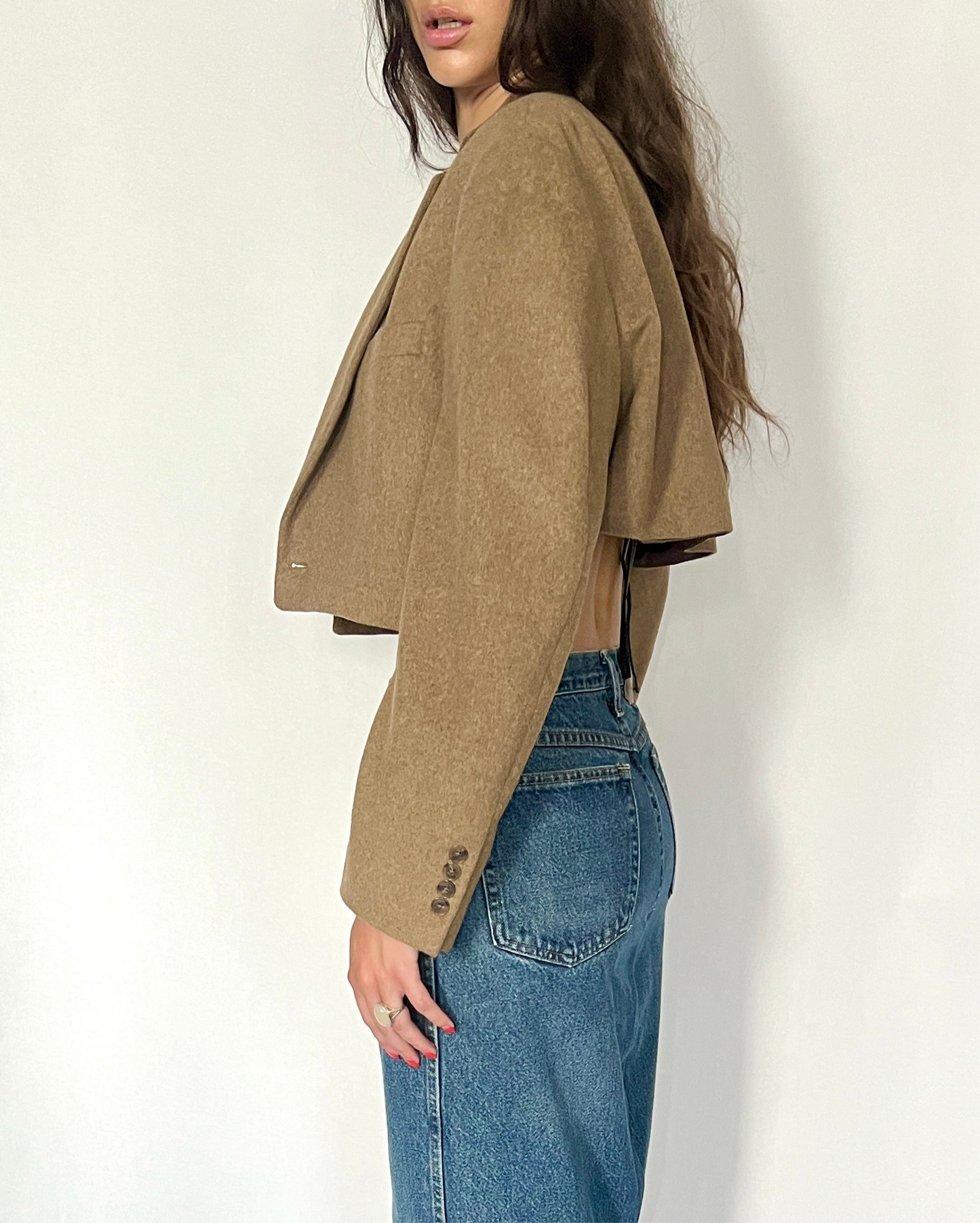 CUSTOM VTG WOOL OVERSIZED BLAZER, DRIED LEAF. CROPPED, HIGH BACK