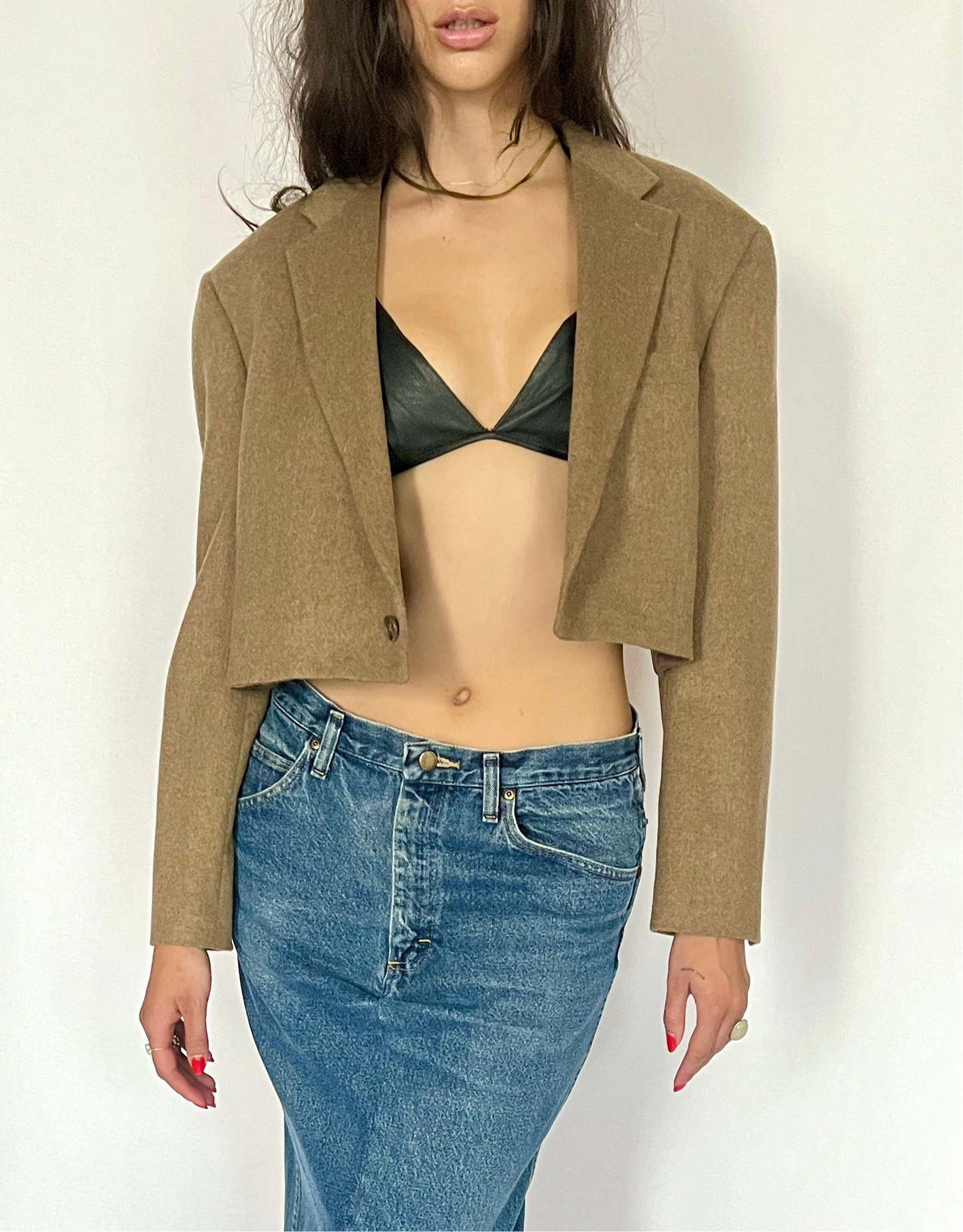 CUSTOM VTG WOOL OVERSIZED BLAZER, DRIED LEAF. CROPPED, HIGH BACK