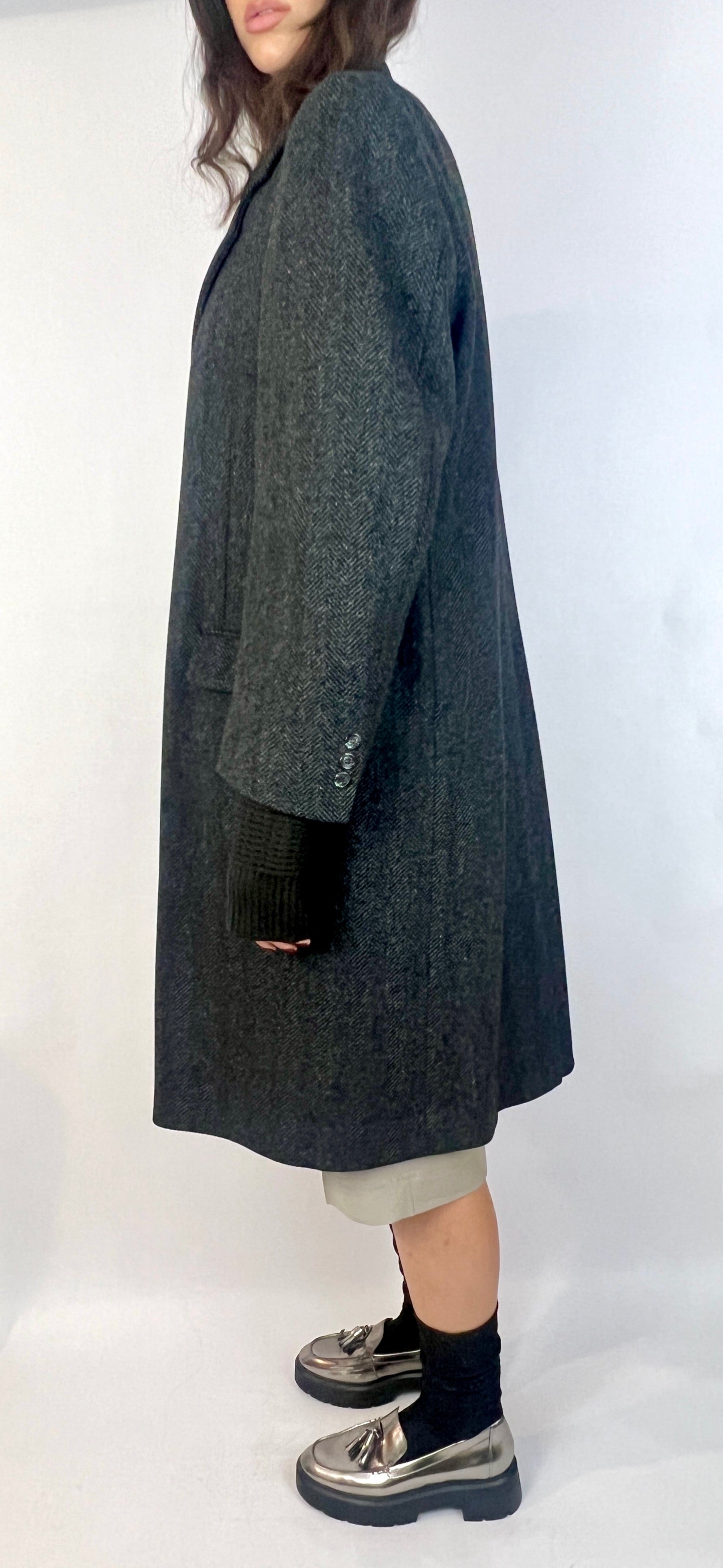 VTG OVERSIZED WOOL COAT, GREY CHEVRON