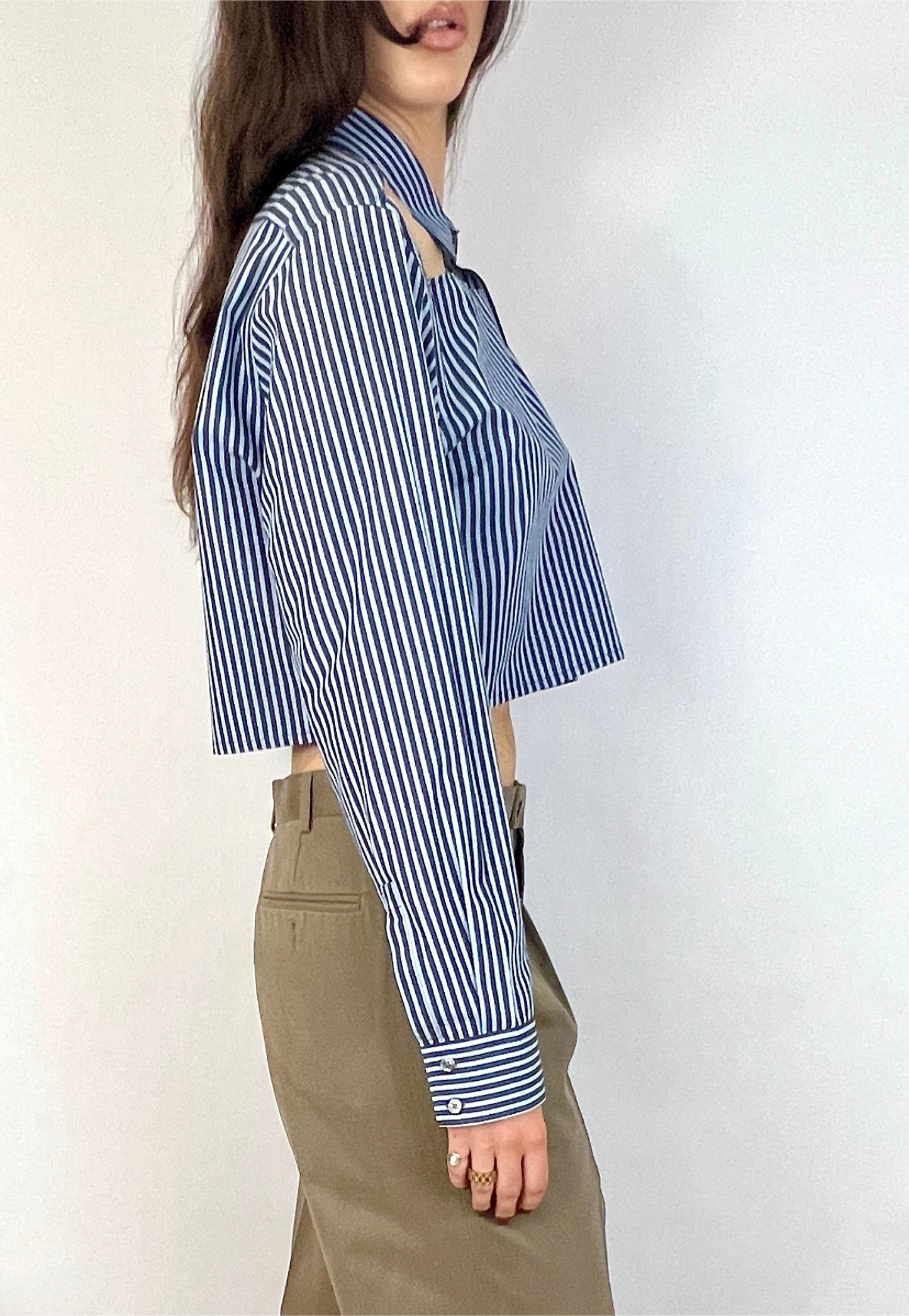 CUSTOM VTG HUGO BOSS OXFORD, BLUE STRIPE. CROPPED, CUT-OUT COLLAR