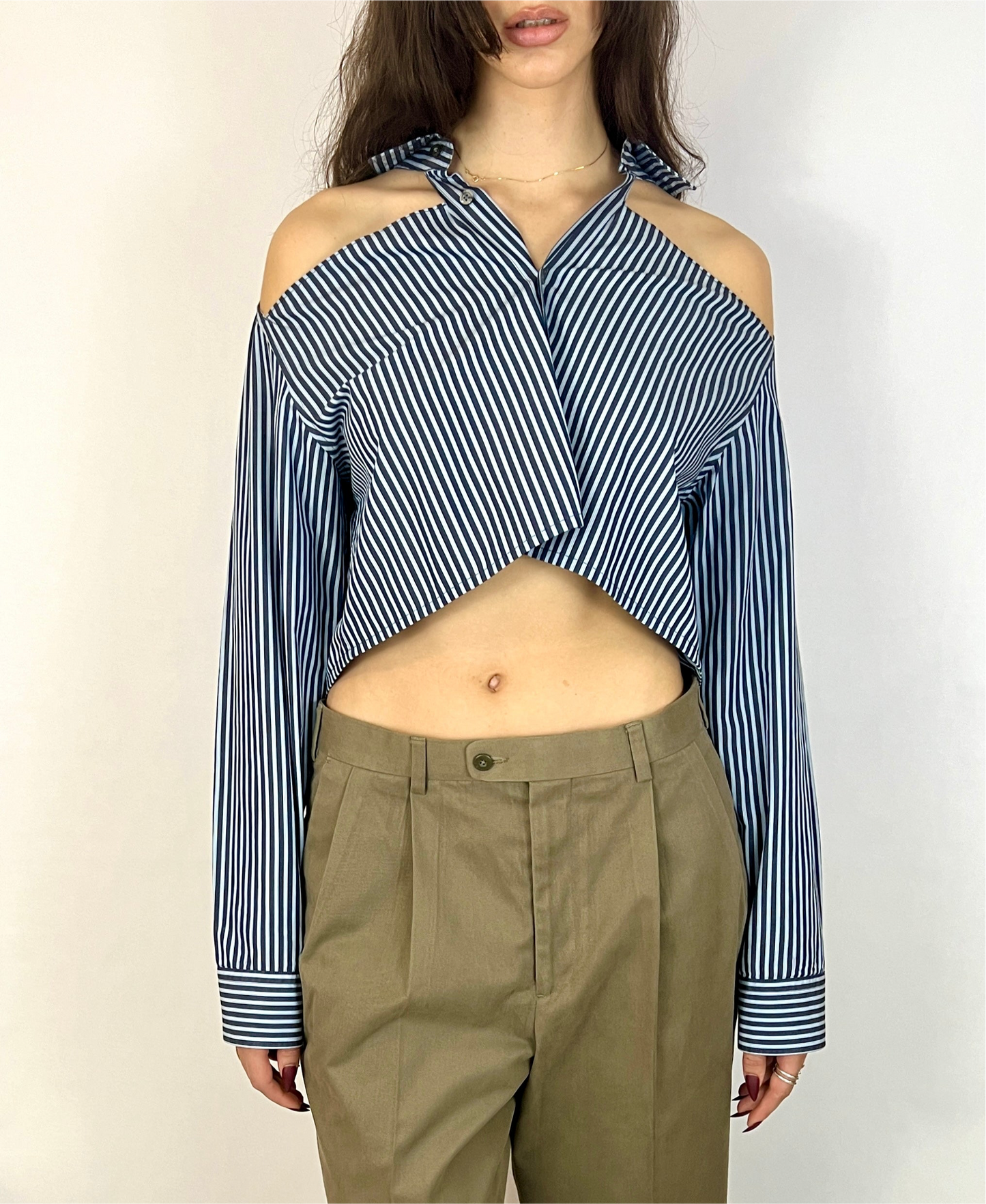 CUSTOM VTG HUGO BOSS OXFORD, BLUE STRIPE. CROPPED, CUT-OUT COLLAR