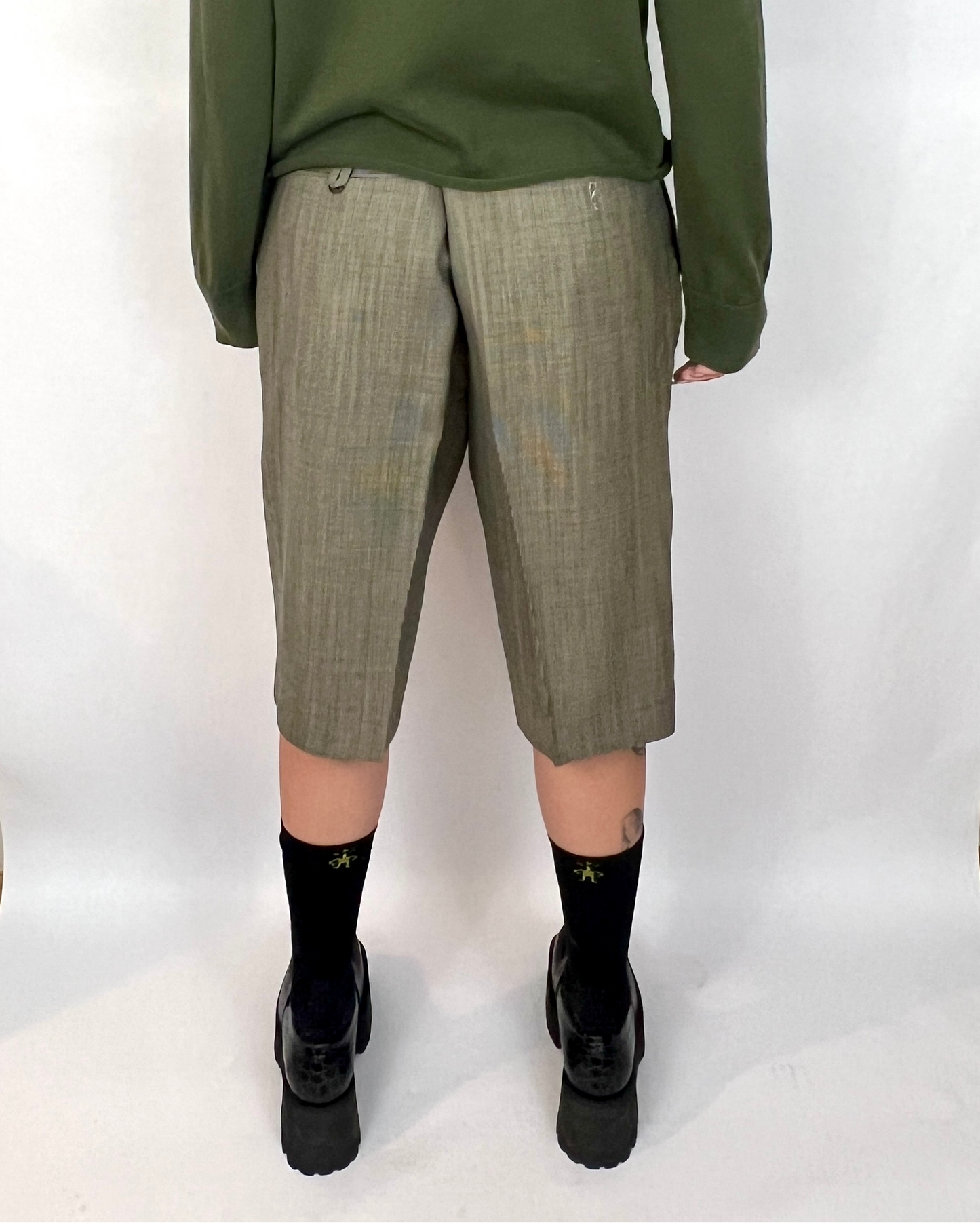 CUSTOM VTG COTTON & SILK WIDE LEG PLEATED LONG SHORTS, MICRO HOUNDSTOOTH