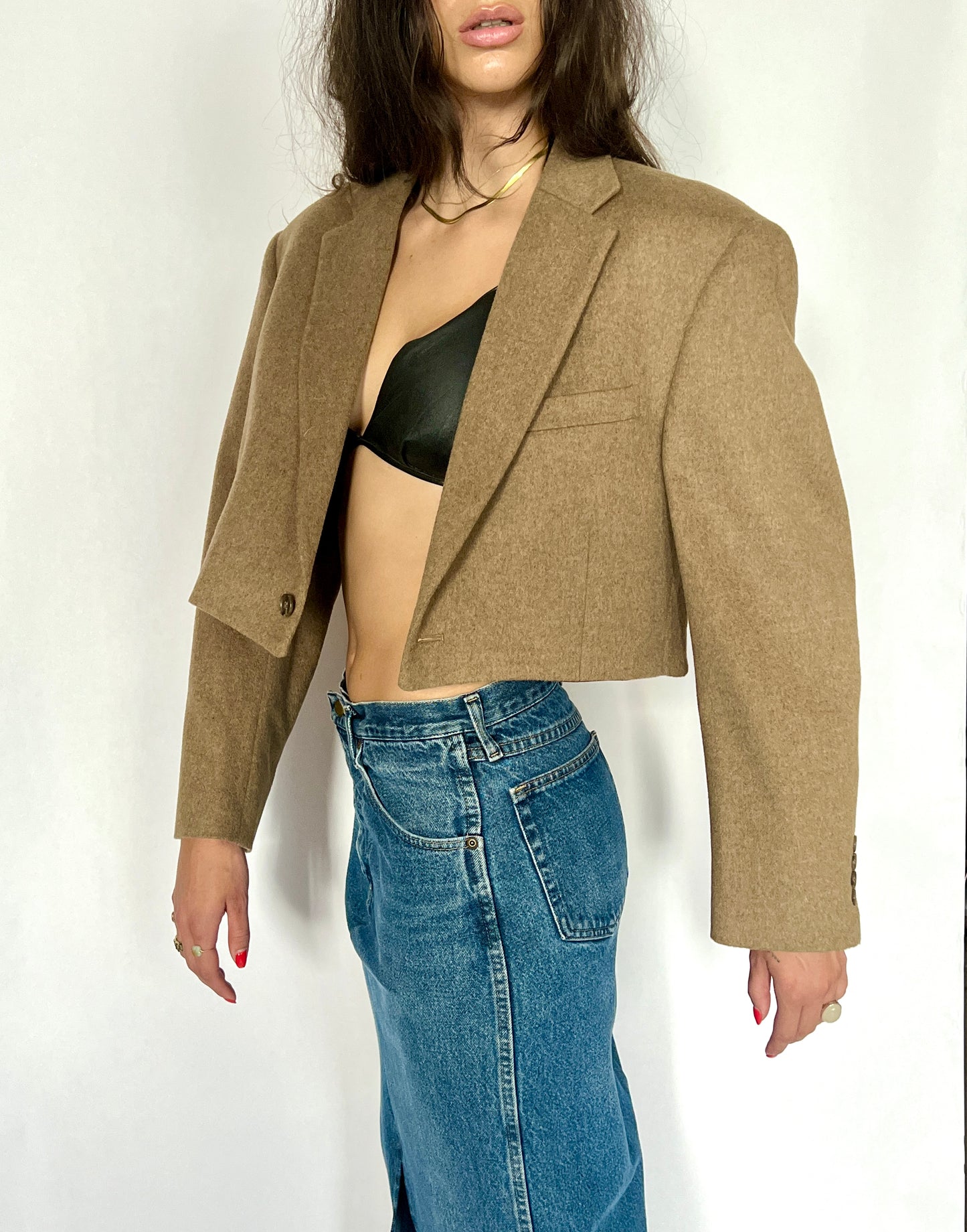 CUSTOM VTG WOOL OVERSIZED BLAZER, DRIED LEAF. CROPPED, HIGH BACK
