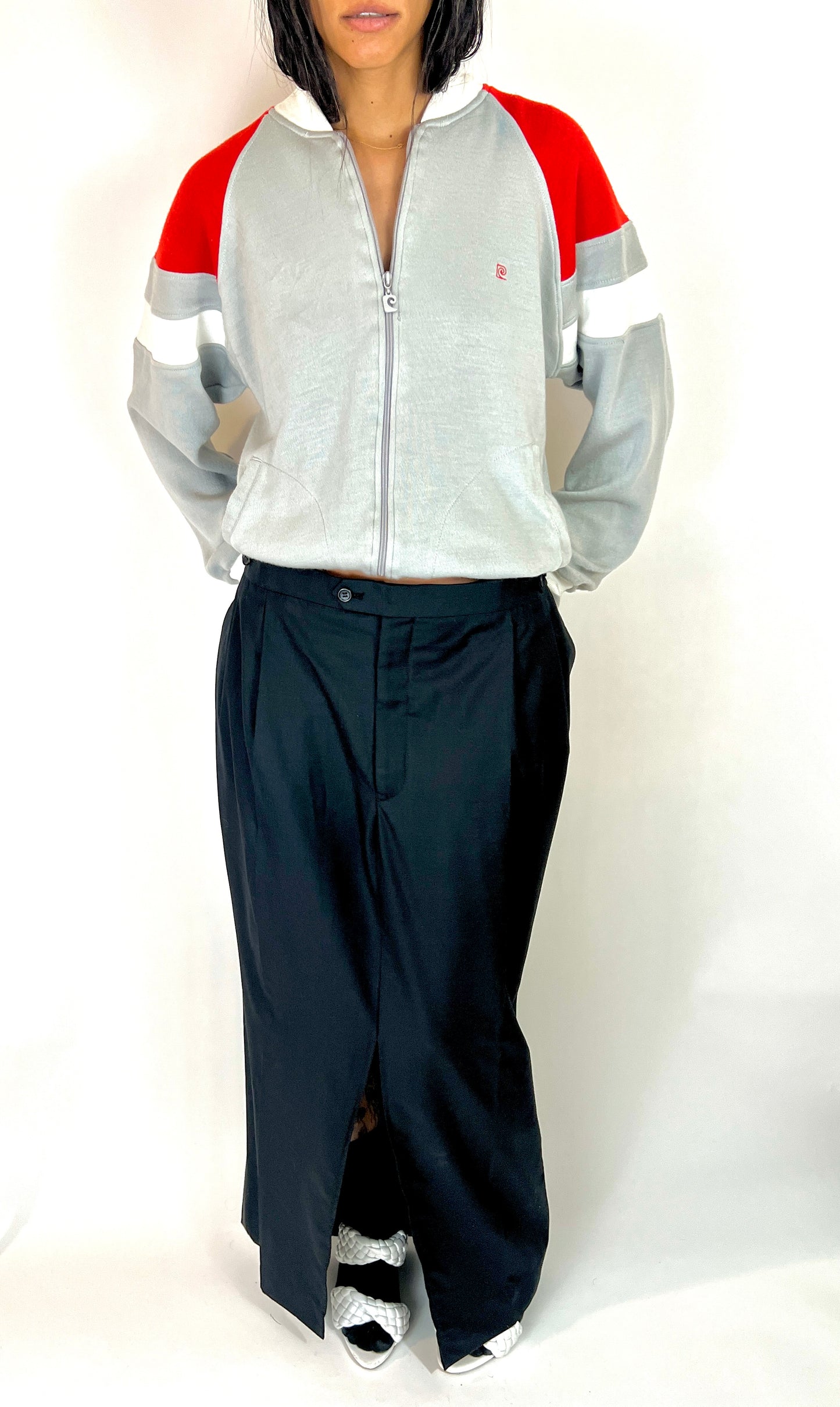 1980S PIERRE CARDIN ZIP SWEATSHIRT HOODIE, RED/GRAY