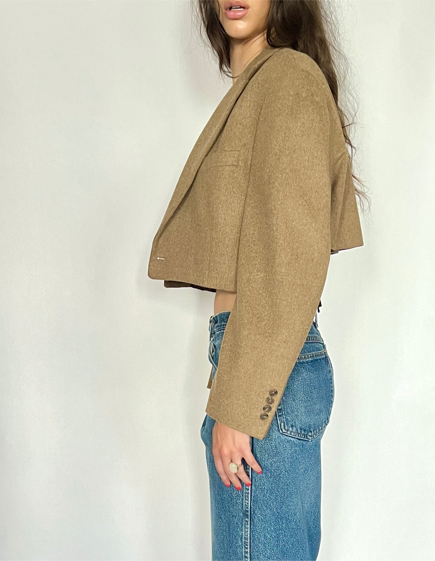 CUSTOM VTG WOOL OVERSIZED BLAZER, DRIED LEAF. CROPPED, HIGH BACK