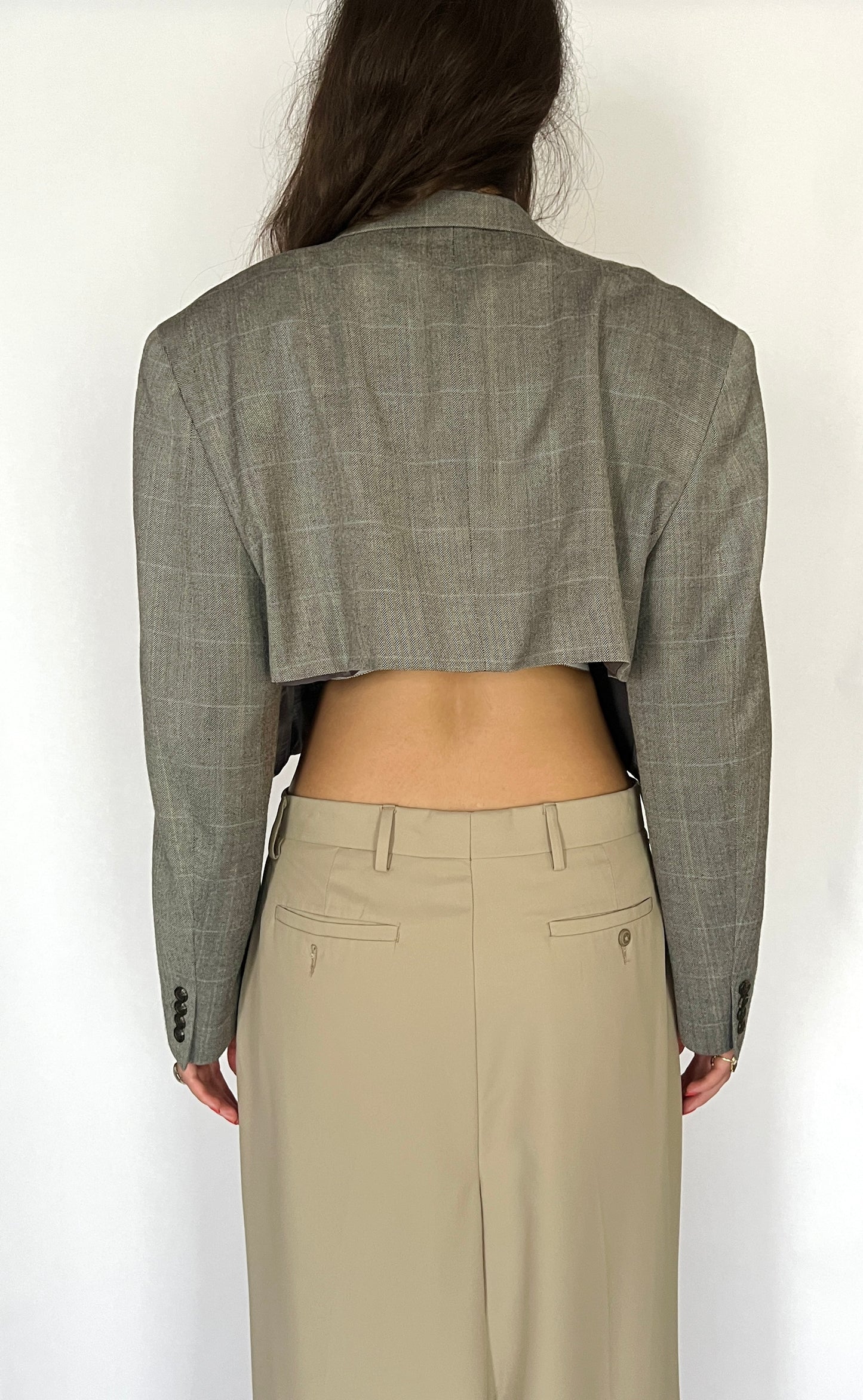 CUSTOM VTG SILK & WOOL OVERSIZED BLAZER, GRAY PLAID. CROPPED, HIGH BACK