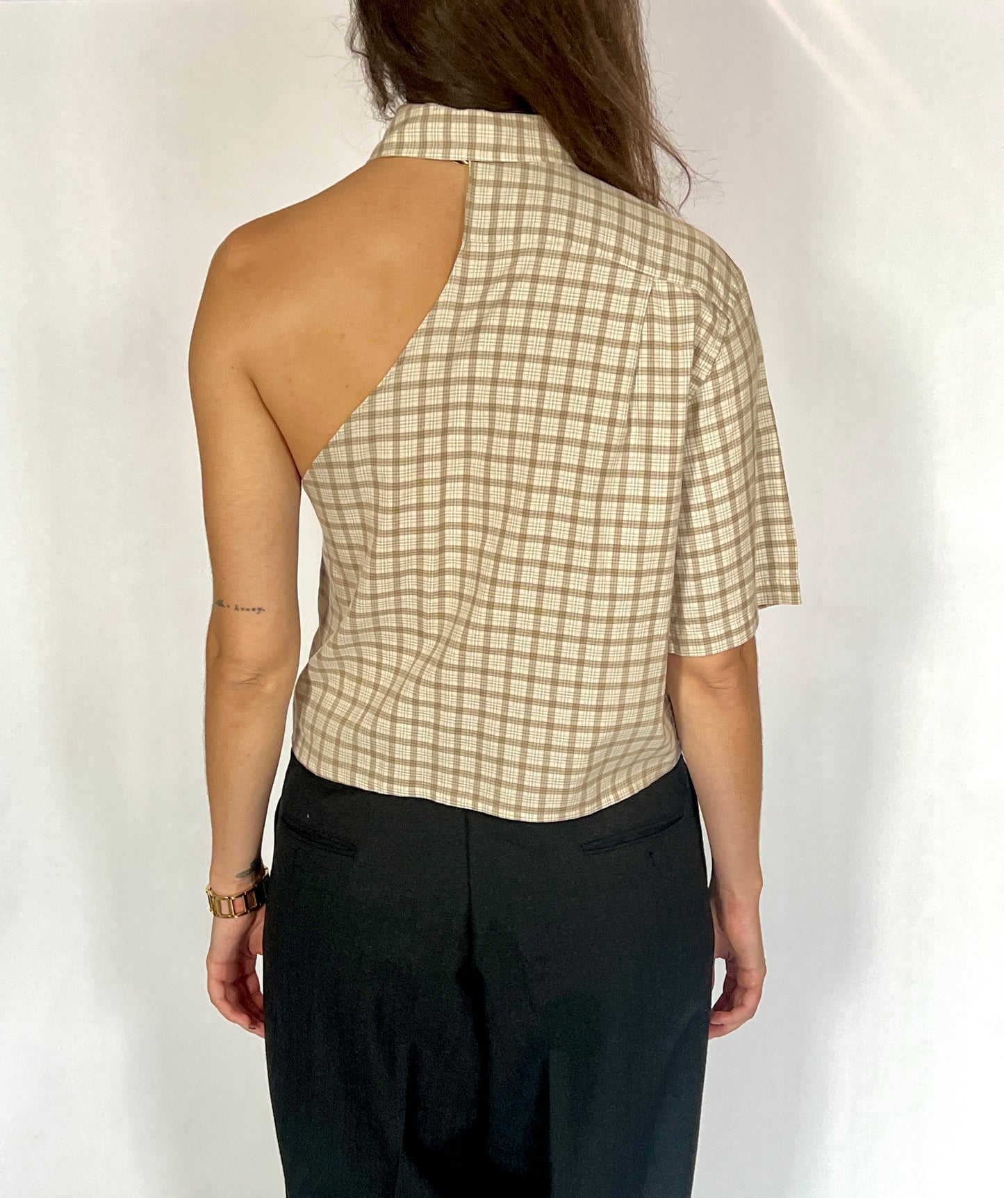 CUSTOM VTG COTTON OXFORD, SEXY BEIGE PLAID. CROPPED, ONE SHOULDER.