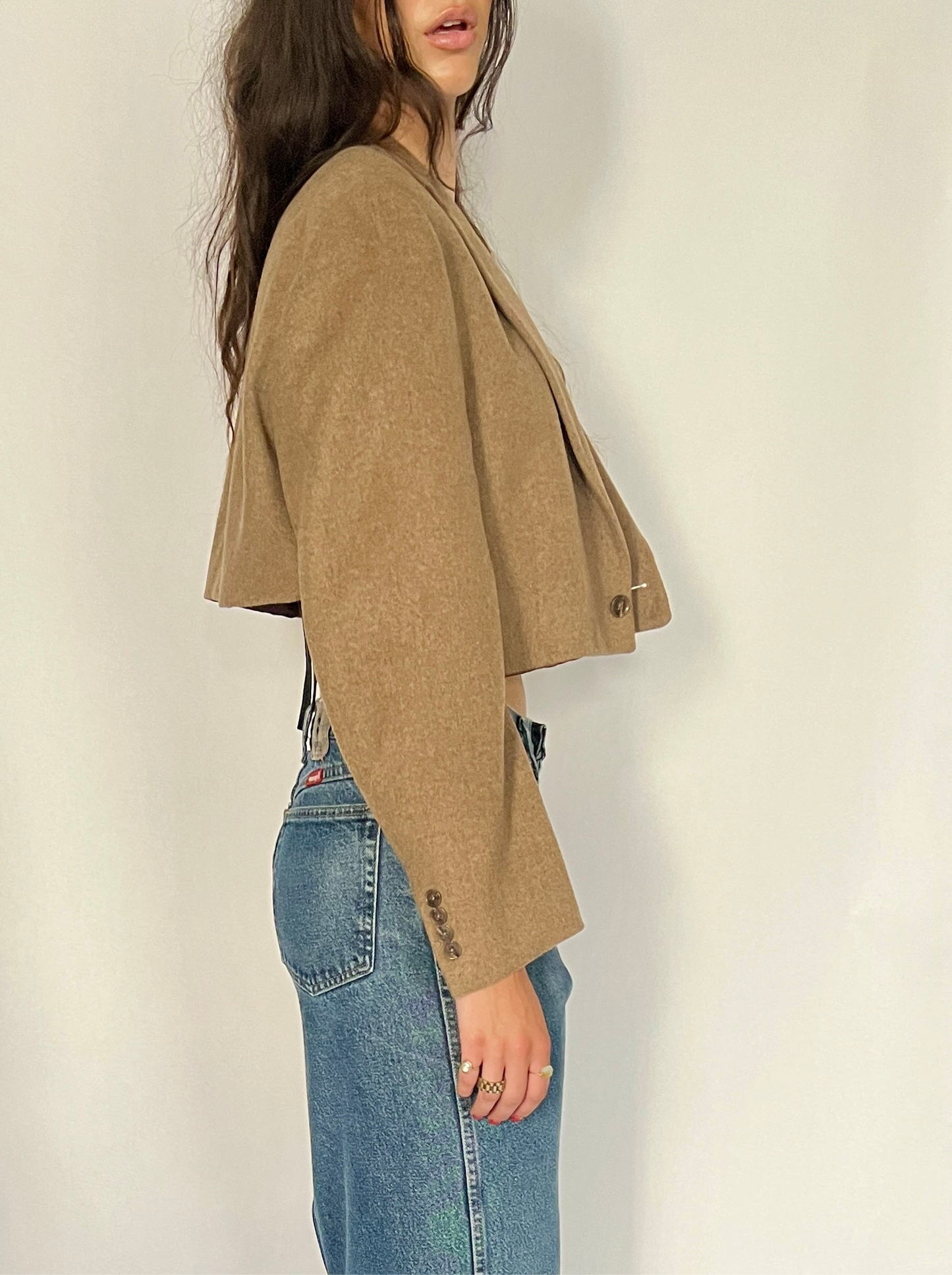 CUSTOM VTG WOOL OVERSIZED BLAZER, DRIED LEAF. CROPPED, HIGH BACK