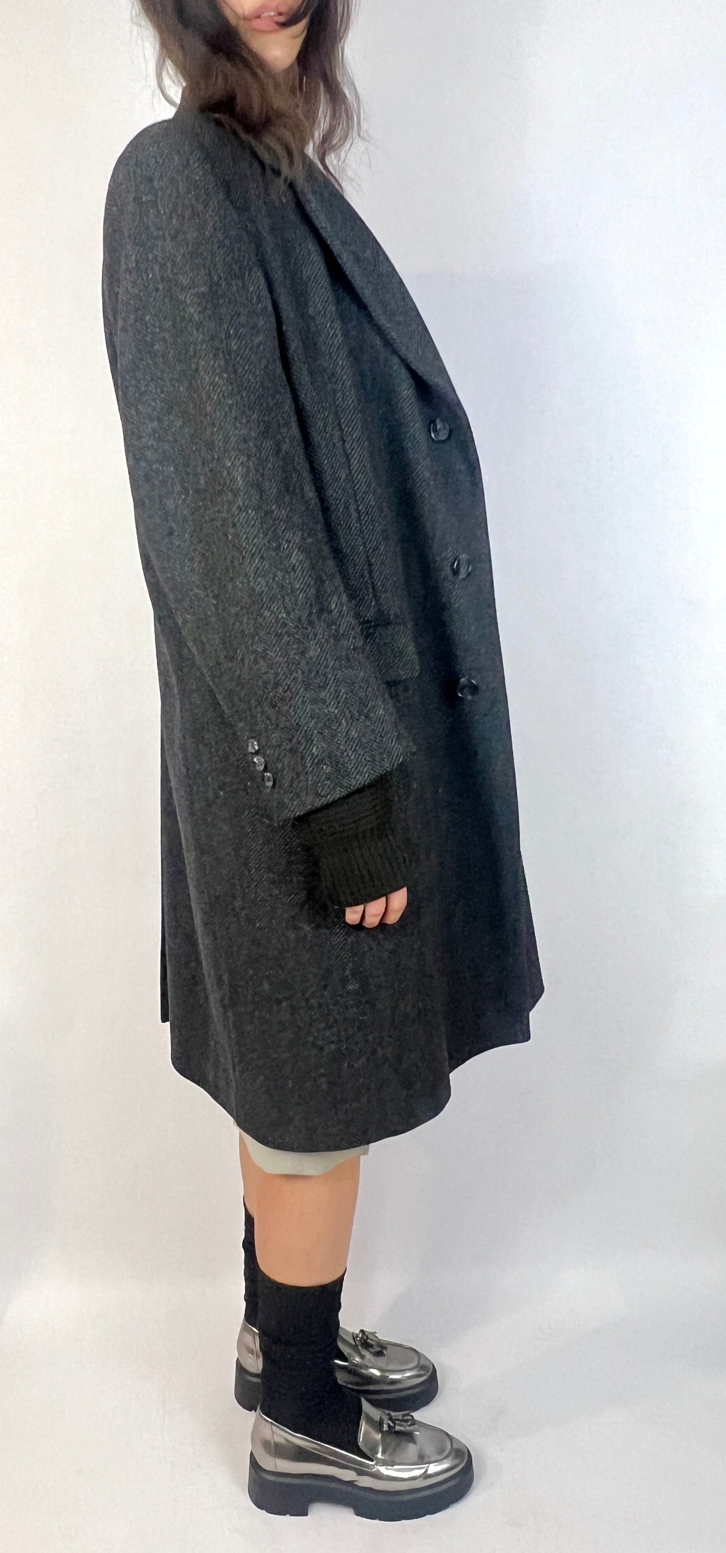 VTG OVERSIZED WOOL COAT, GREY CHEVRON