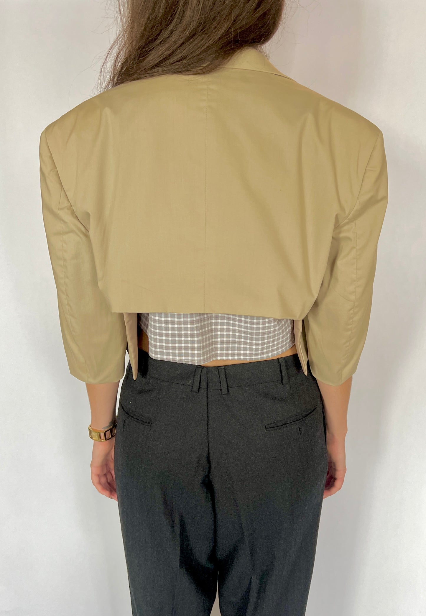 CUSTOM VTG COTTON OVERSIZED BLAZER, MUD. CROPPED, HIGH BACK.