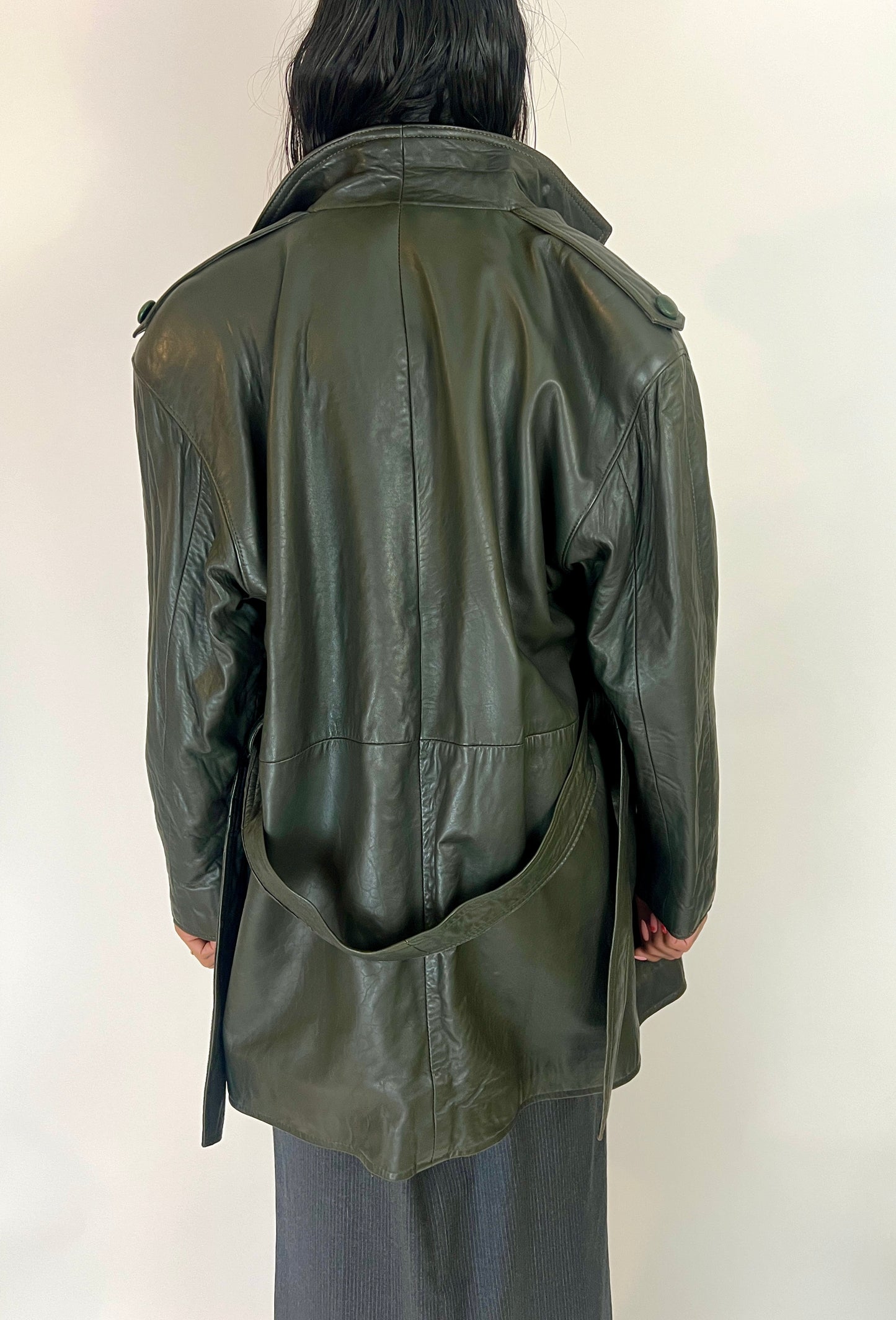 OVERSIZED LEATHER TRENCH JACKET, FERN