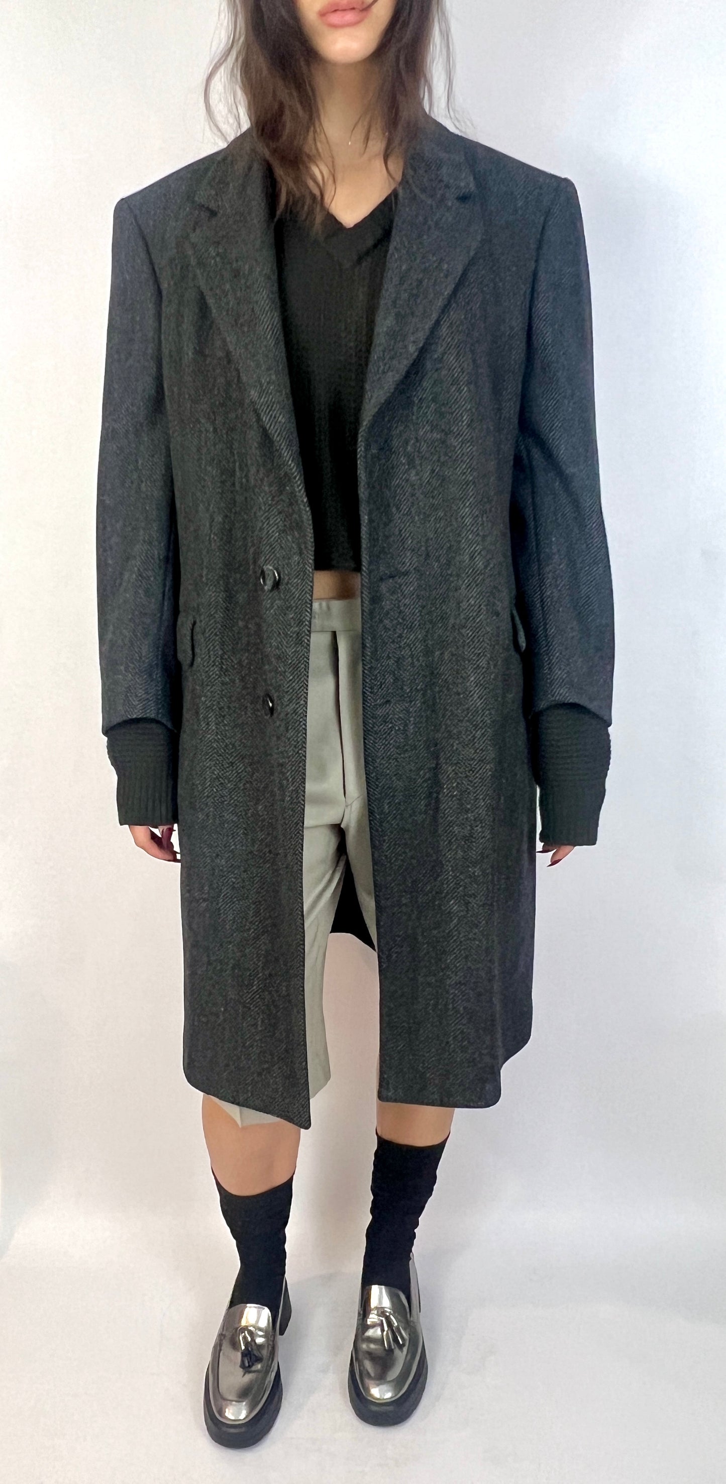 VTG OVERSIZED WOOL COAT, GREY CHEVRON
