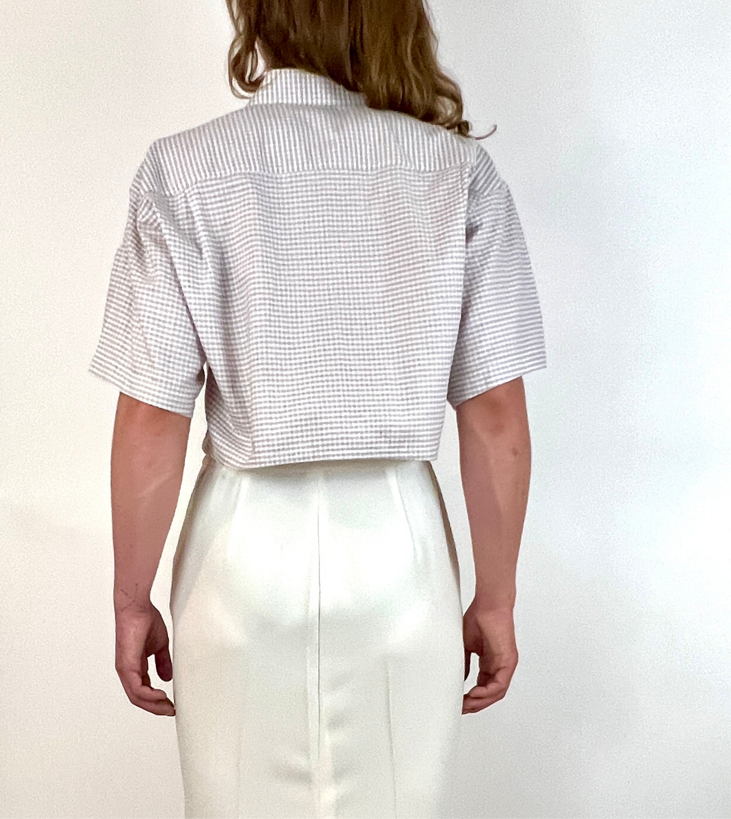 CUSTOM VTG CHRISTIAN DIOR OXFORD, SS BEIGE MICRO PLAID. CROPPED