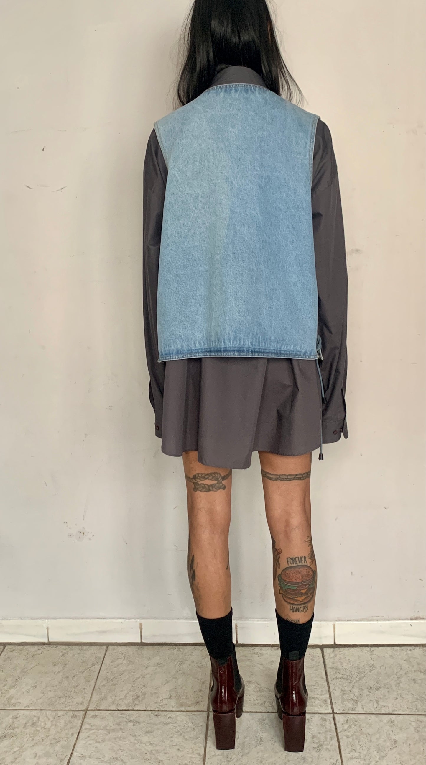 LACES OUT OVERSIZED COTTON DENIM VEST, AQUA