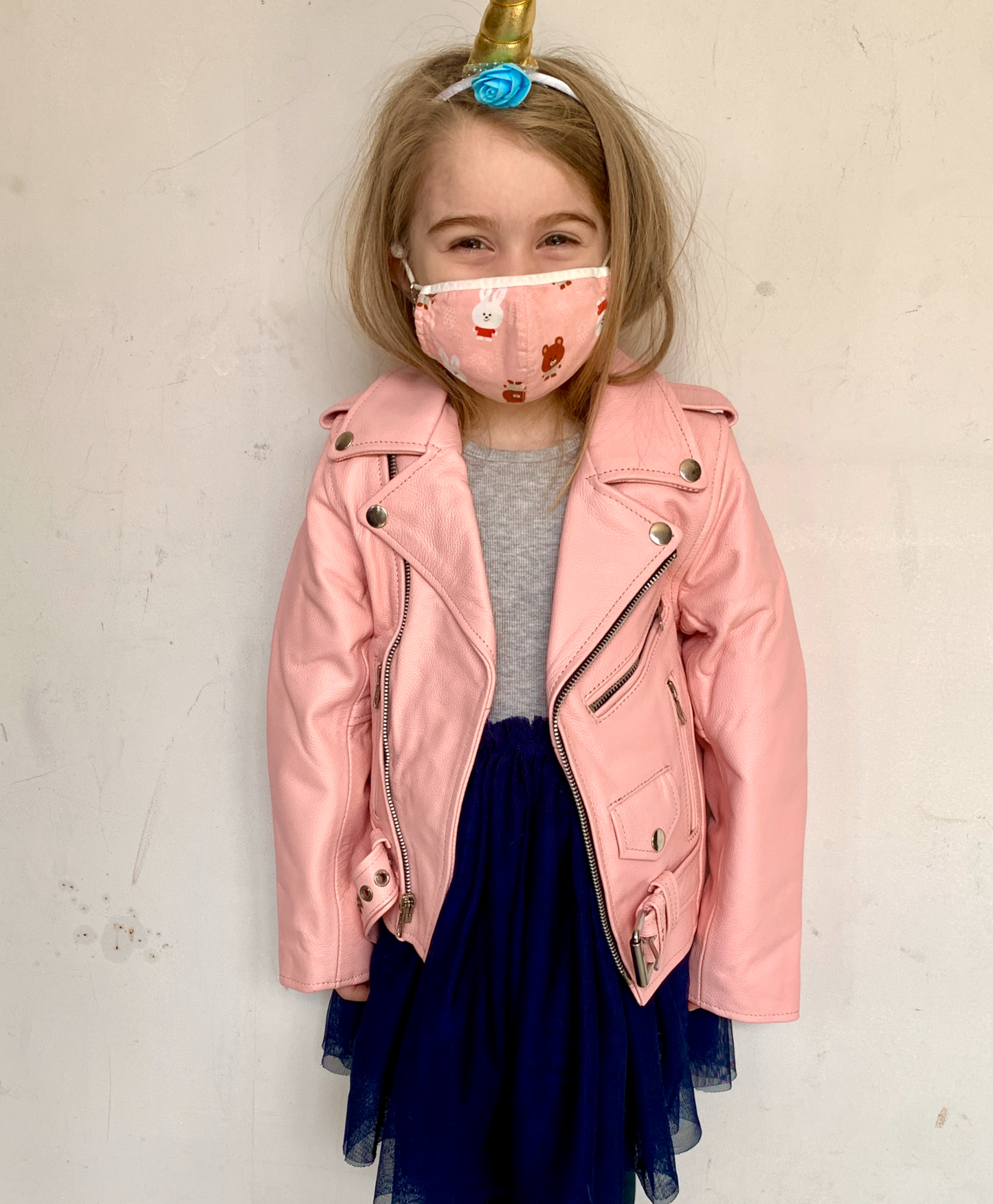 KIDS LEATHER MOTO, BLACK, WHITE & POWDER PINK