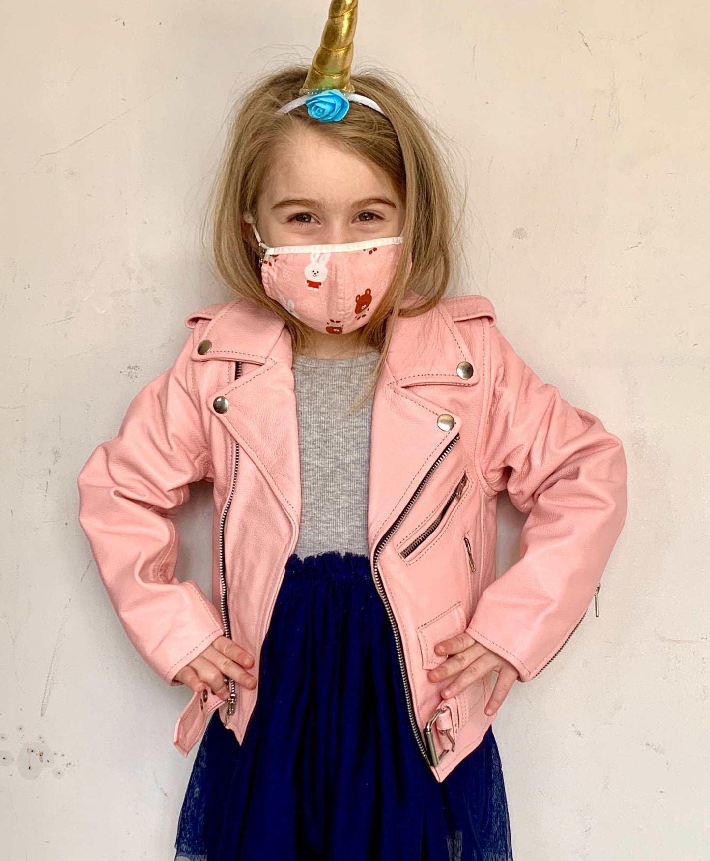 KIDS LEATHER MOTO, BLACK, WHITE & POWDER PINK