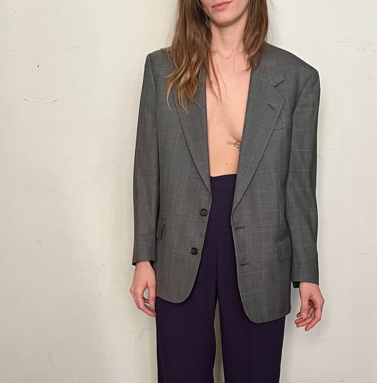 OSCAR DE LA RENTA OVERSIZED BLAZER, GREY/BLUE PLAID