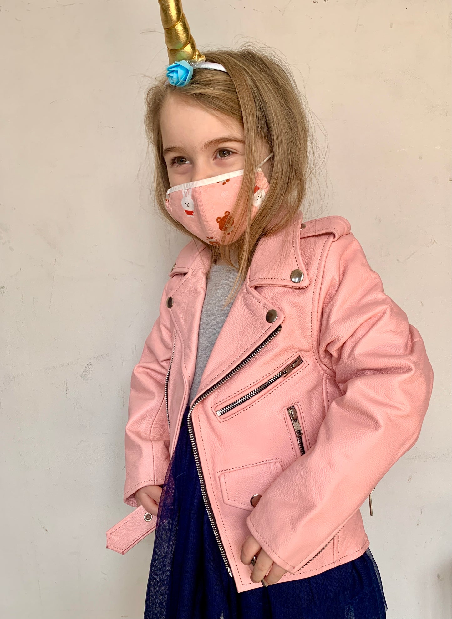KIDS LEATHER MOTO, BLACK, WHITE & POWDER PINK