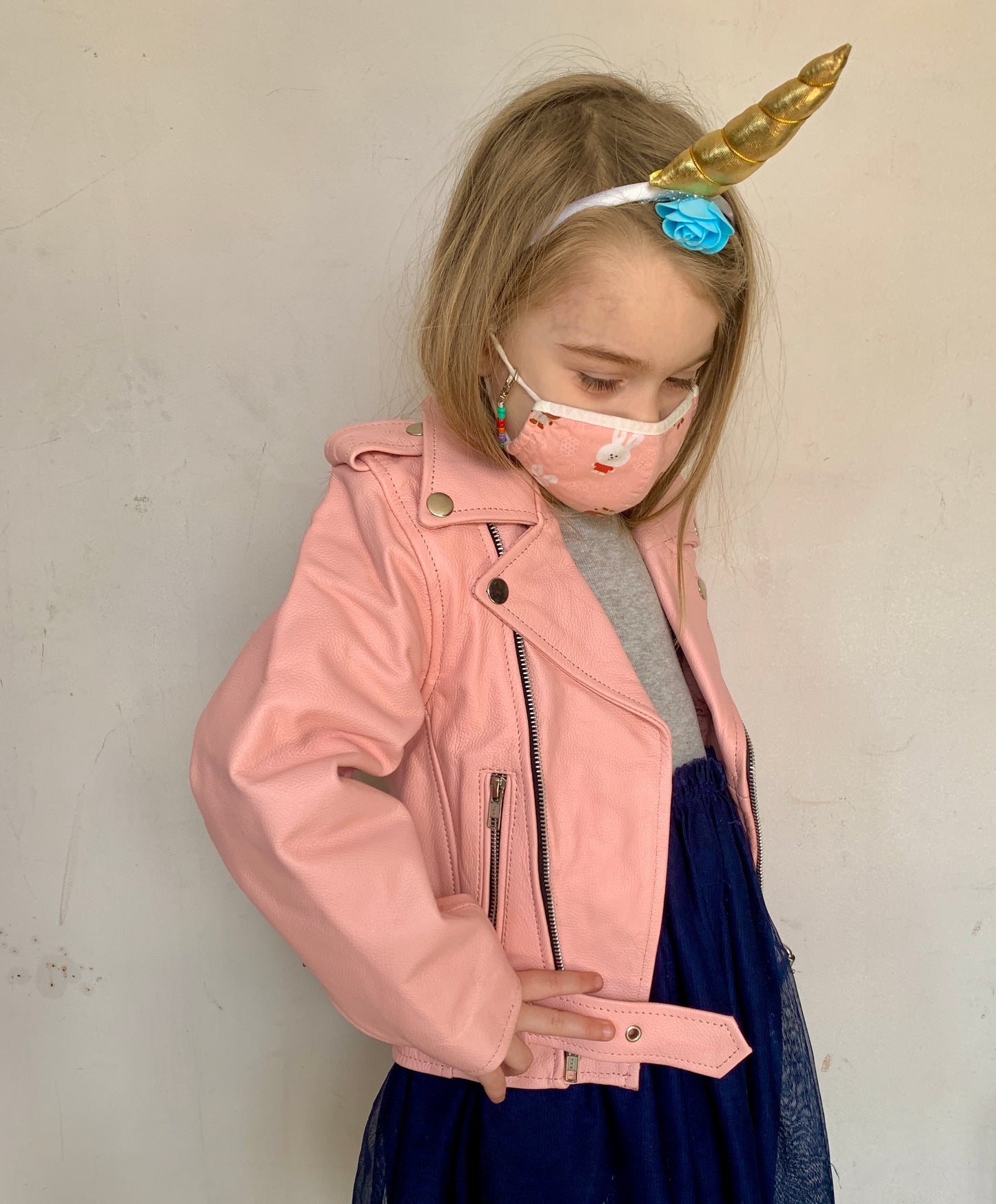 KIDS LEATHER MOTO, BLACK, WHITE & POWDER PINK