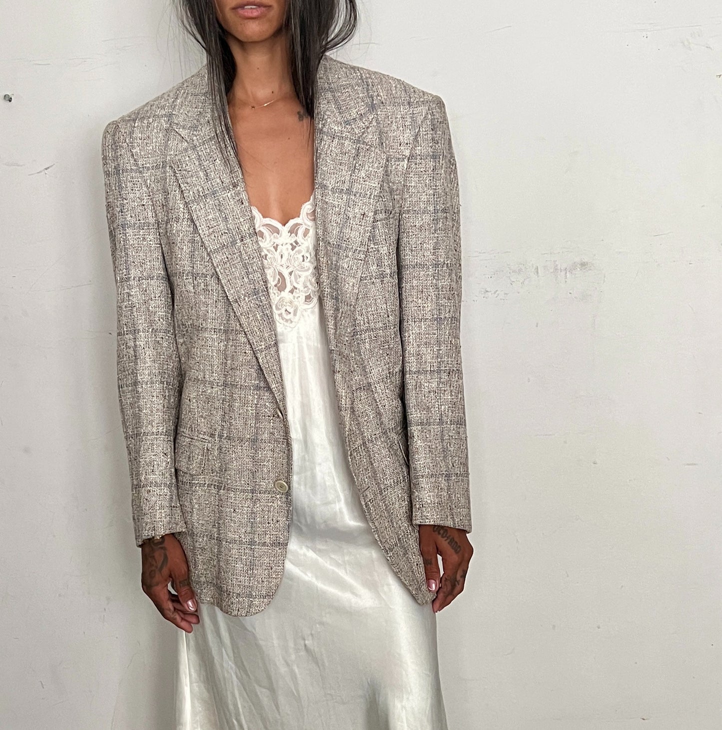 VINTAGE CHRISTIAN DIOR OVERSIZED BLAZER, GRAY BLOCK PLAID