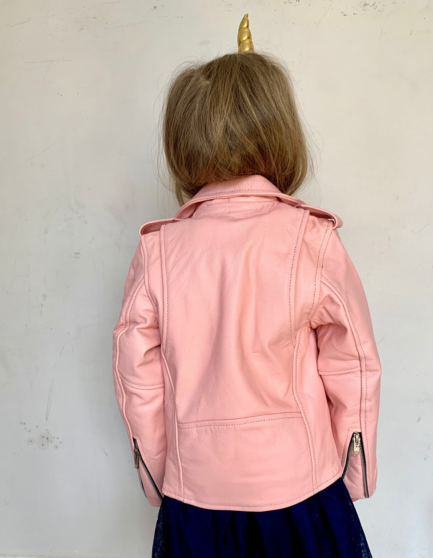 KIDS LEATHER MOTO, BLACK, WHITE & POWDER PINK
