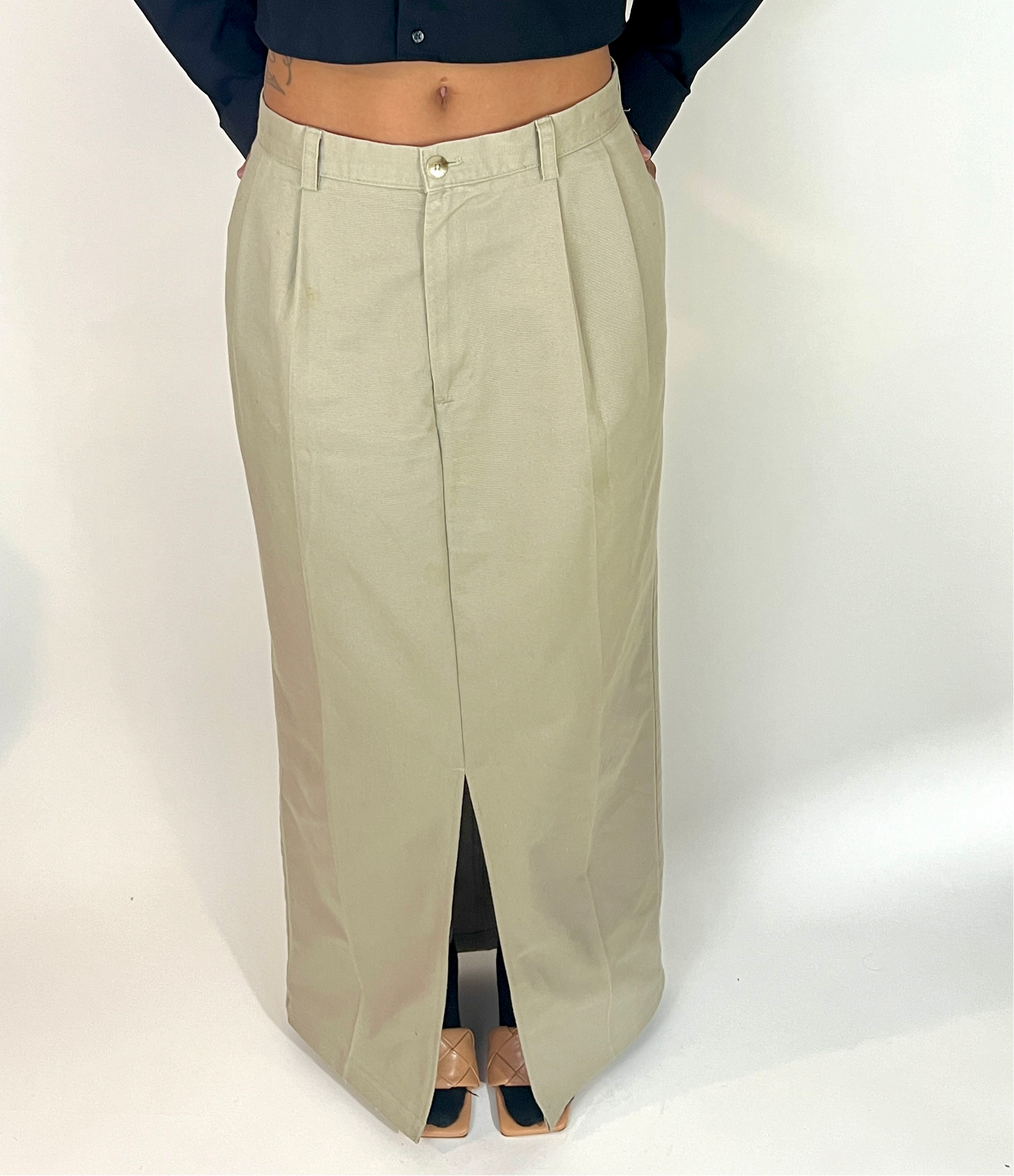 CUSTOM VTG COTTON TROUSER MAXI SKIRT, ALMOND