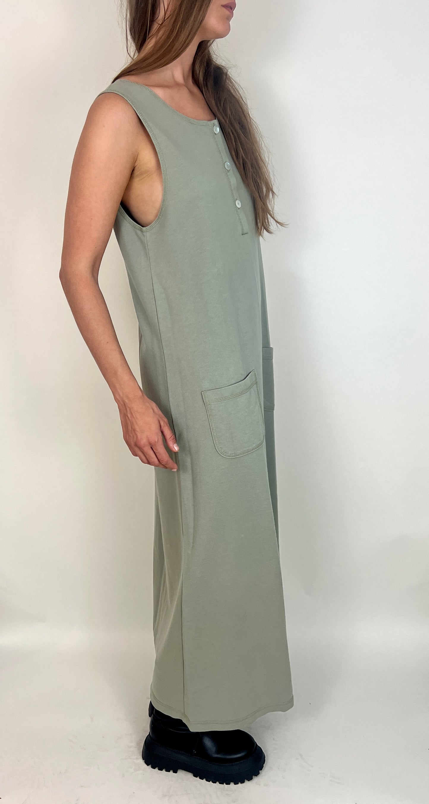 SLINKY COTTON GRUNGE MAXI DRESS, MOSS