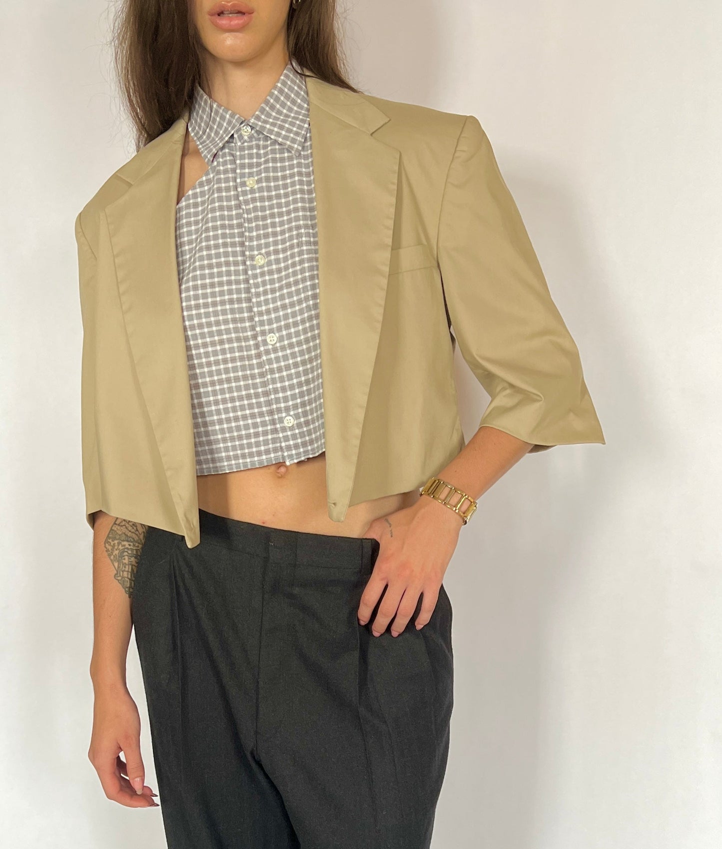 CUSTOM VTG COTTON OVERSIZED BLAZER, MUD.  CROPPED, HIGH BACK.