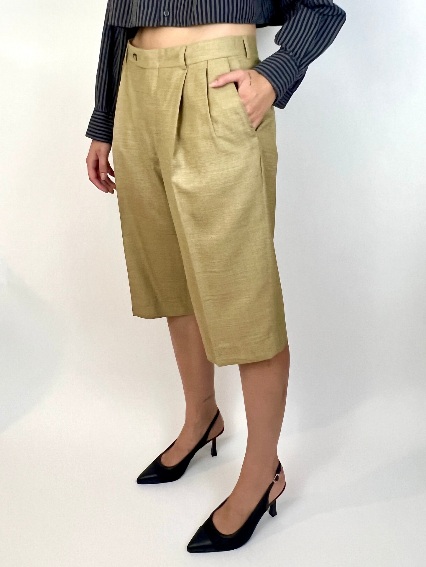 CUSTOM VTG WOOL PLEATED WIDE LEG SHORTS, BEIGE WEAVE